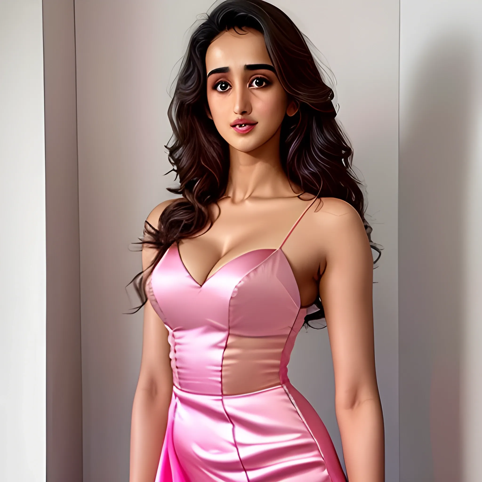 Disha Patani wearing a Pink Satin slip dress posing for camera