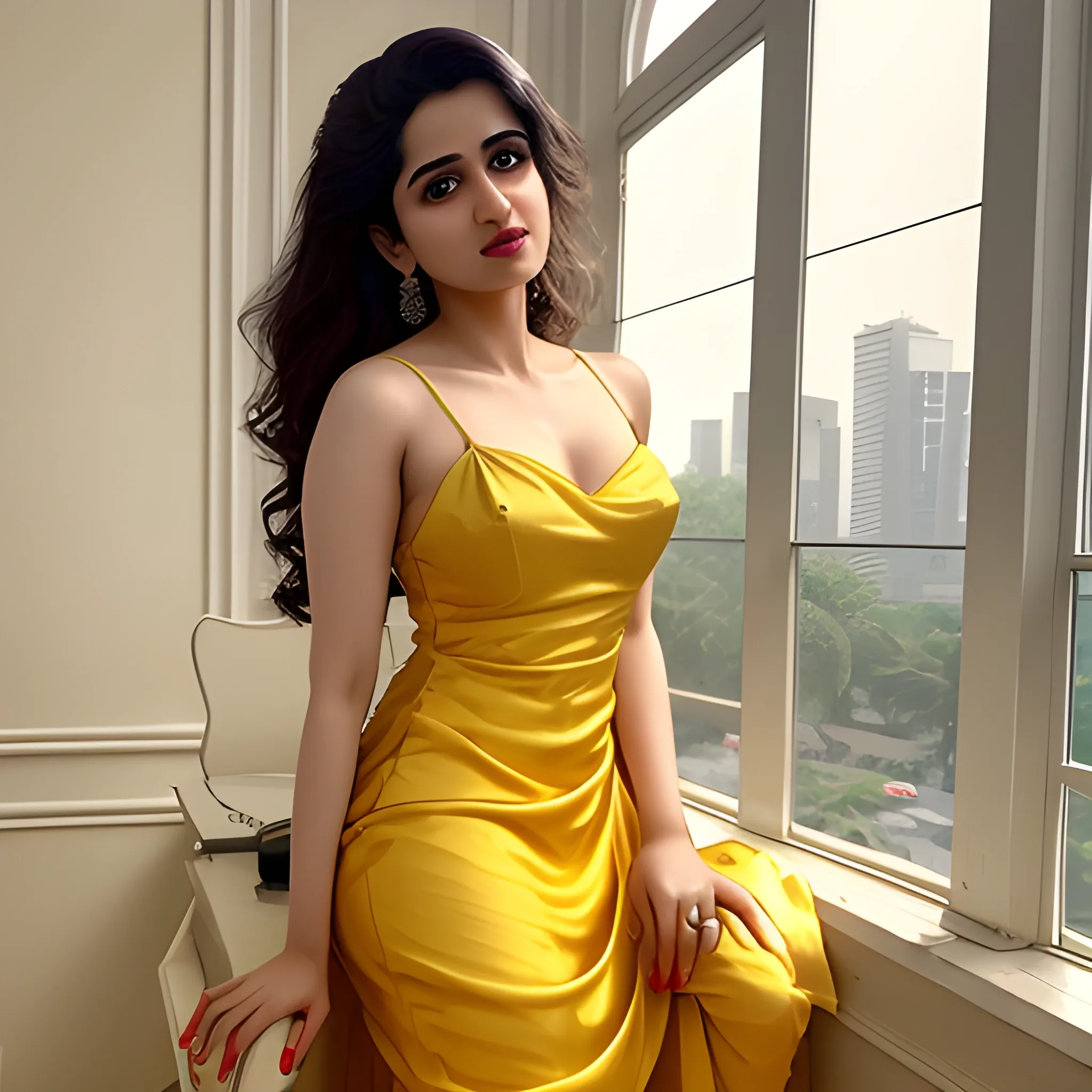 Neha Malik wearing a Yellow Satin slip dress posing for camera