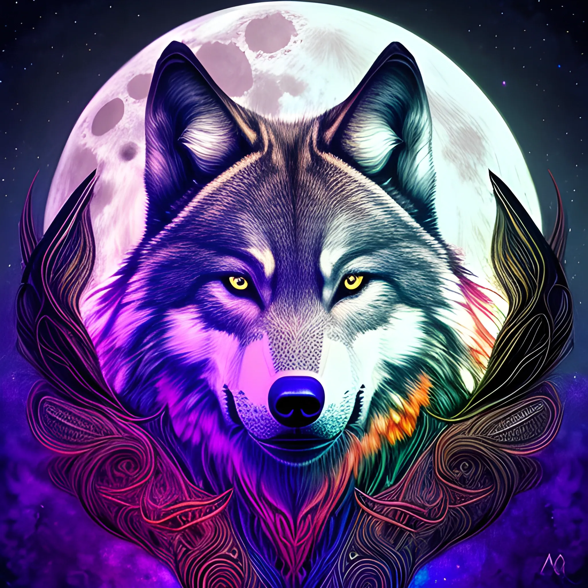 organic wolf portrait under the full moon hyper realistic  style,vivid colors, ayahuasca art, intricated, fractal in the background--ar 1:1.414