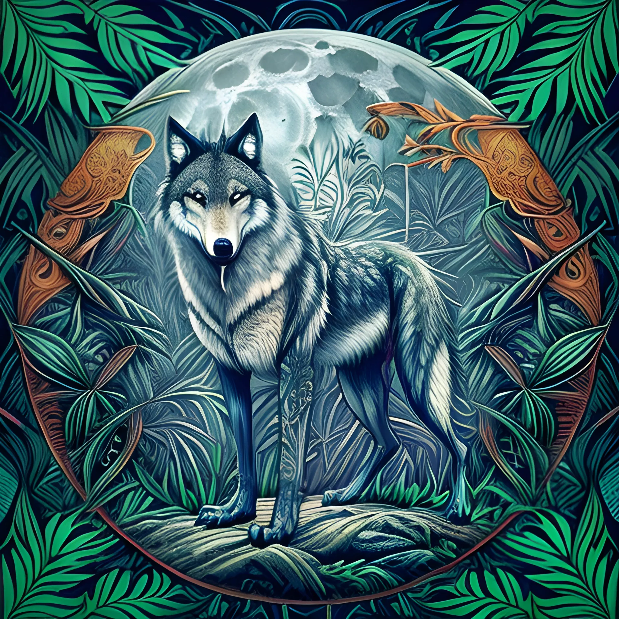 full body illustation wolf under the moon, ayahuasca art style ...