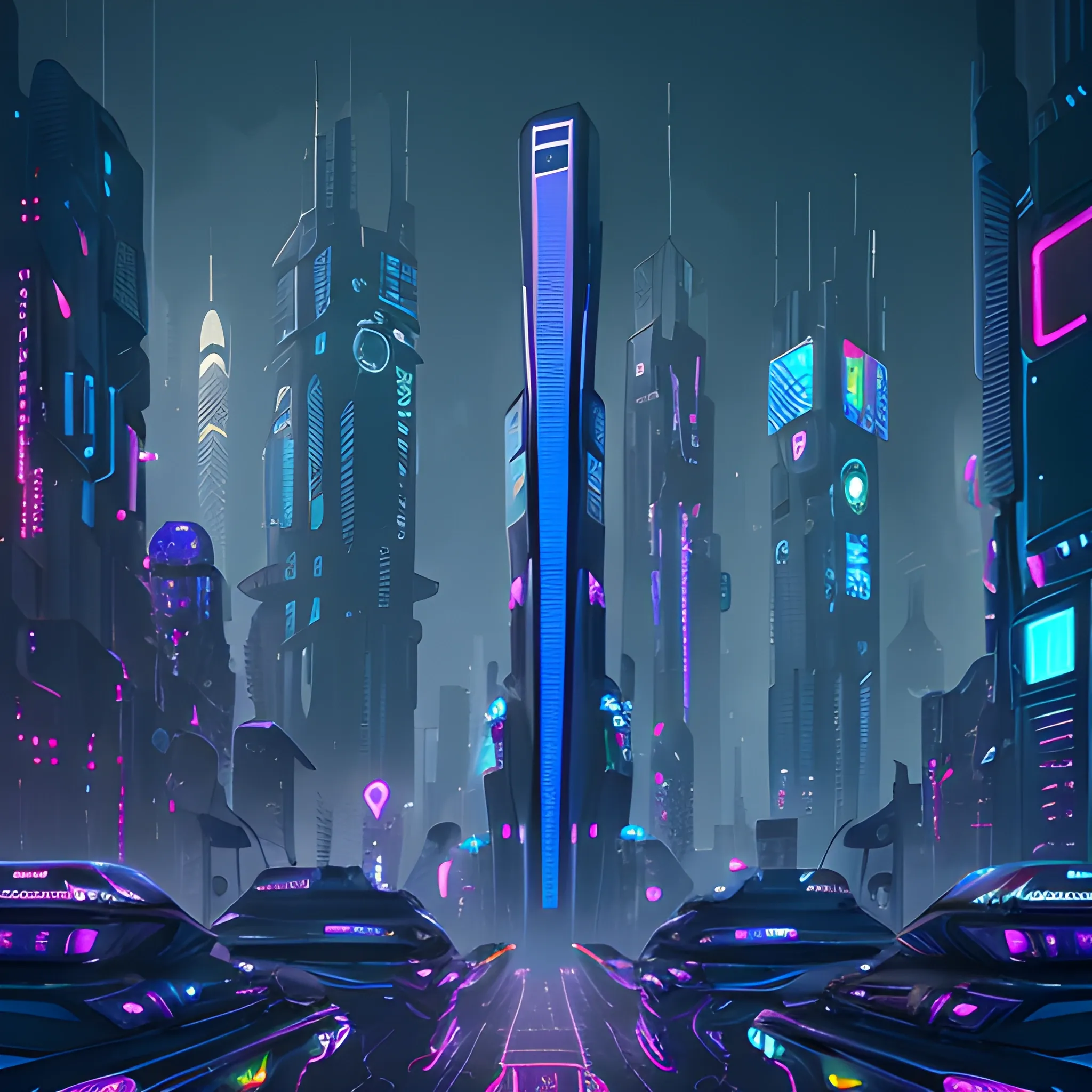 3D Generate a futuristic cyberpunk cityscape illustration with towering neon-lit skyscrapers, bustling flying vehicles, holographic billboards, and a dystopian atmosphere. The city should be shrouded in an eerie neon glow, with characters sporting high-tech augmentations and futuristic attire. Let the artwork capture the essence of a dark, technologically advanced metropolis, where humans and machines coexist in a futuristic, cybernetic world.