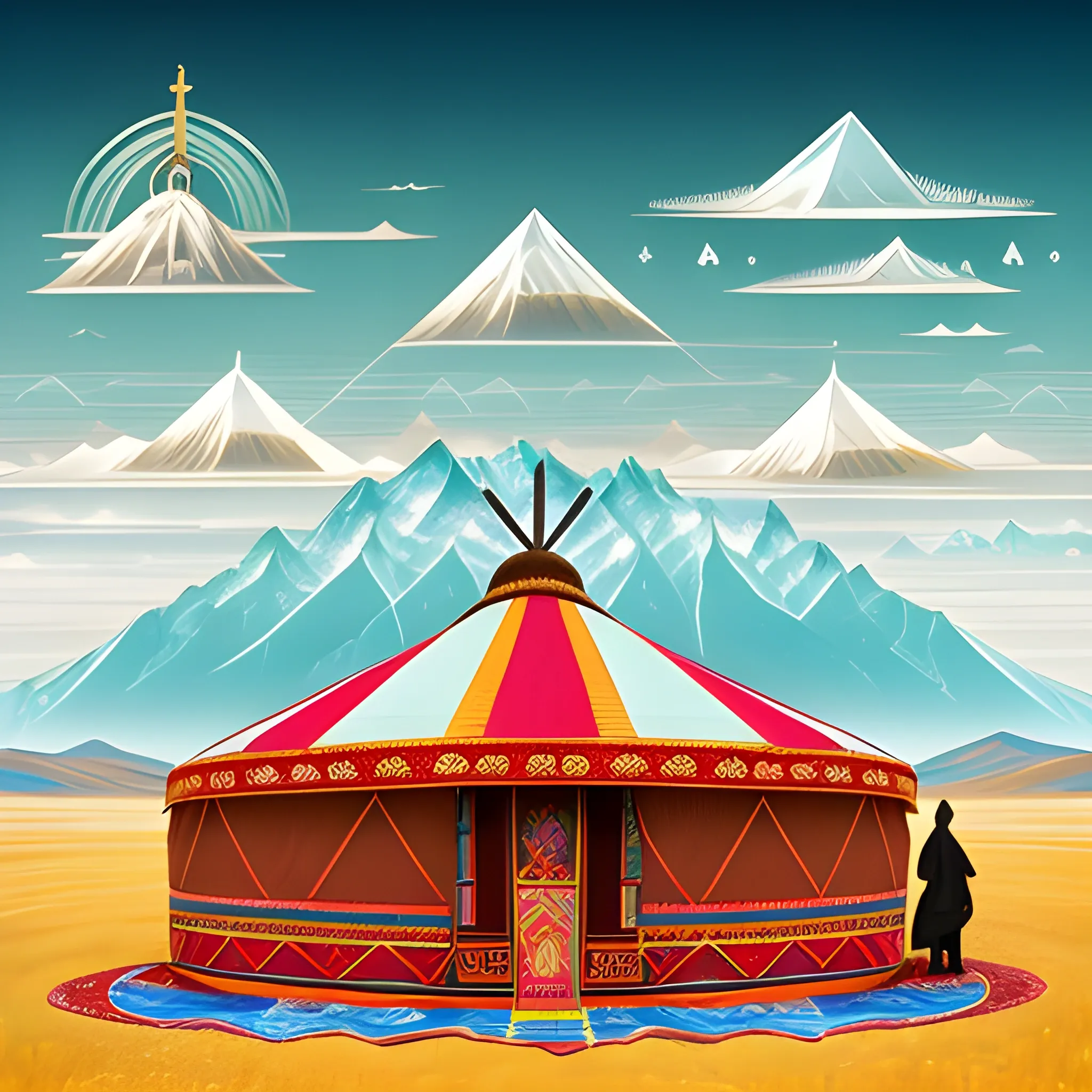 Create an evocative illustration depicting the rich cultural heritage of the Kazakh nomads and their spiritual connection with Tengrianism amidst the vast expanse of the steppe. Include key elements such as traditional yurts, horse-mounted nomads, ancient Tengrian symbols, and rituals. Infuse the artwork with a sense of unity between the nomadic lifestyle and the natural landscape, showcasing the spiritual beliefs and customs of the Kazakh people as they embrace their Tengrian roots in the heart of the steppe., Trippy