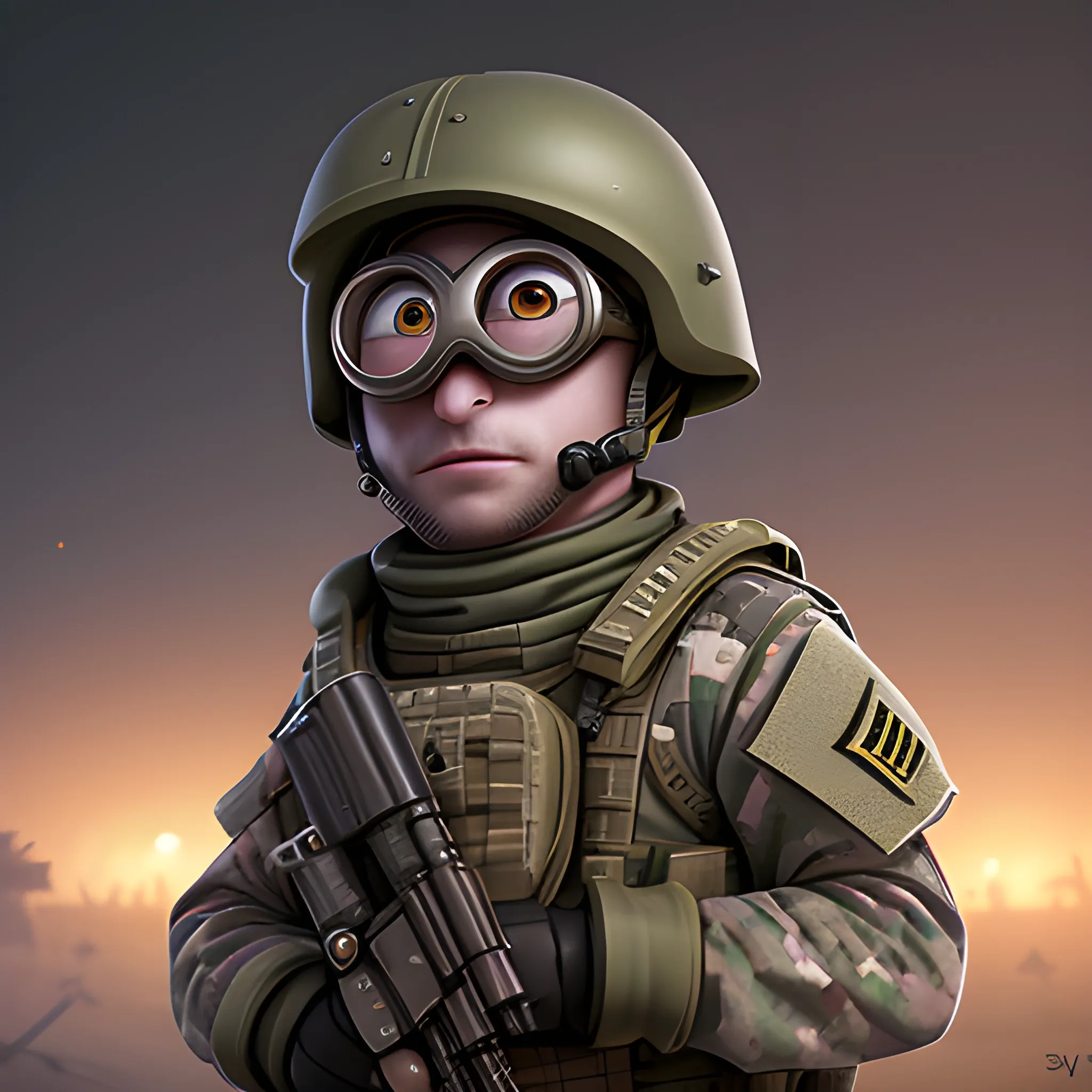 a minion at the frontlines in the army at night with his platoon fighting, slava ukraine, key lighting, soft lights, foggy, by steve haris, by lisa yuskavage, by serov valentin, by tarkosvky, 8 k render, detailed, cute cartoon style, very cute adorable face