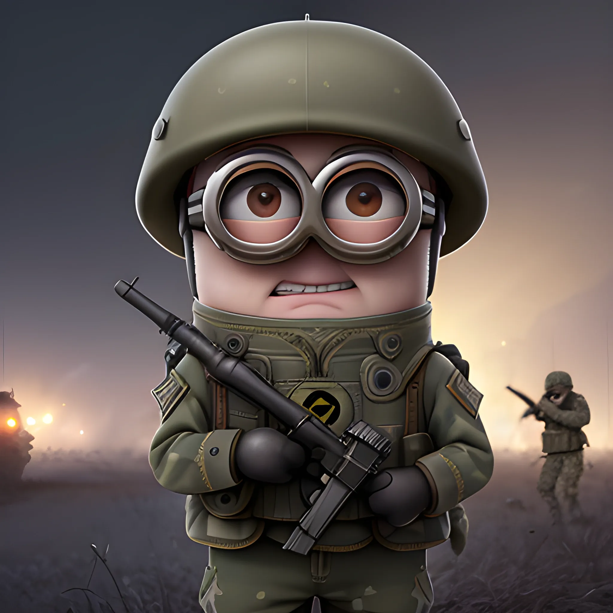 a minion at the frontlines in the army at night with his platoon fighting, slava ukraine, key lighting, soft lights, foggy, by steve haris, by lisa yuskavage, by serov valentin, by tarkosvky, 8 k render, detailed, cute cartoon style, very cute adorable face