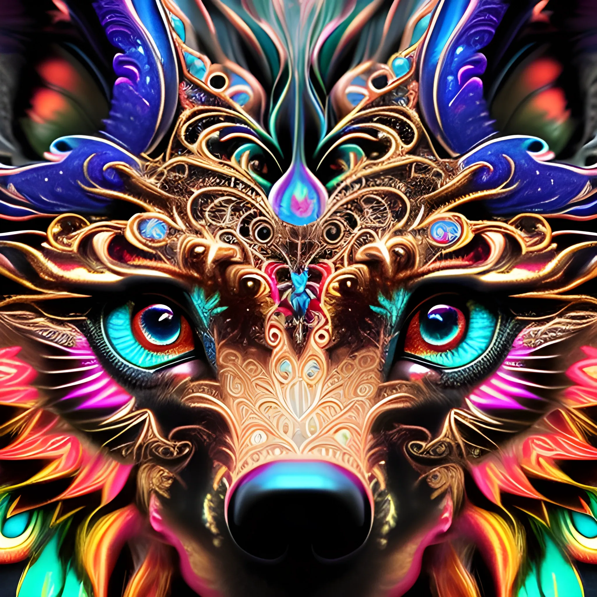 wolf face, fire psychedelic, cute eyes, paws, peacock feathers, filigree laser fractal details, glistening shiny scales, intricate ornate hypermaximalist sharp focus, dramatic lighting, highly detailed and intricate, hyper maximalist, ornate, photographic style, luxury, elite, haunting matte painting, cinematic --ar 1:1.414