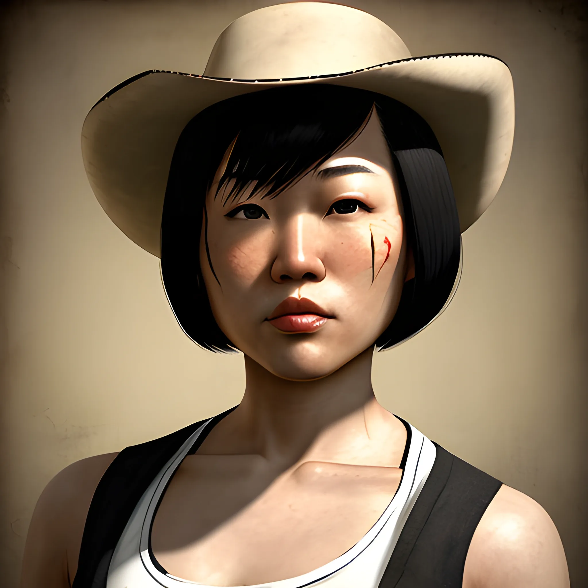 In the style of fallout 1, (masterpiece), (portrait photography), (portrait of an adult Asian-American female), no makeup, flat chested, white sports bra, cowboy hat, unbuttoned red flannel shirt, bob-cut hairstyle, black hair, black eyes