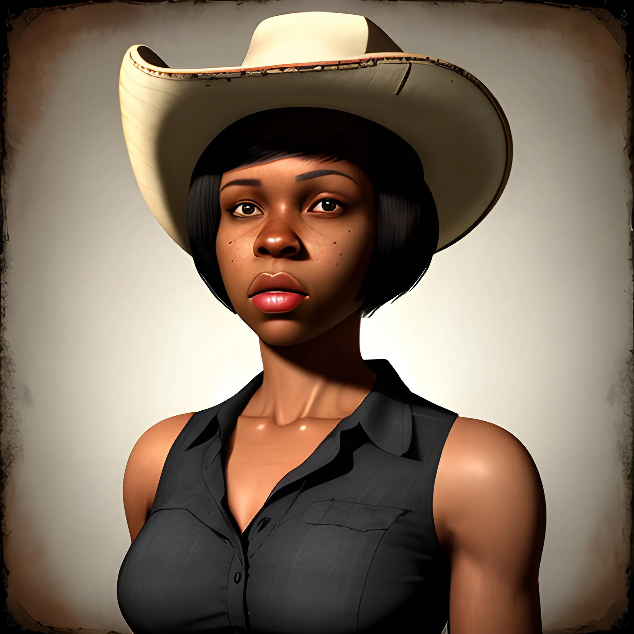 In the style of fallout 1, (masterpiece), (portrait photography), (portrait of an adult African-American female), no makeup, flat chested, white sports bra, cowboy hat, unbuttoned red flannel shirt, bob-cut hairstyle, black hair, black eyes