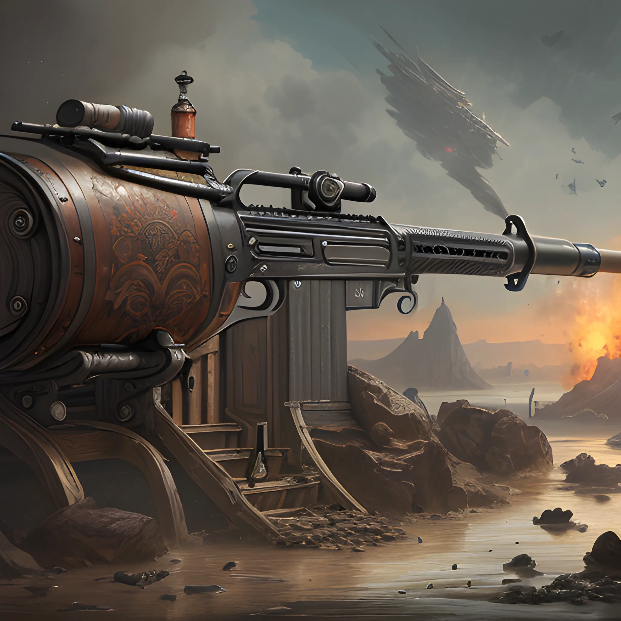 gun, big barrel, revolver, 8k, high resolution, high quality, photorealistic, hyperealistic, detailed, detailed matte painting, deep color, fantastical, intricate detail, splash screen, complementary colors, fantasy, concept art,
