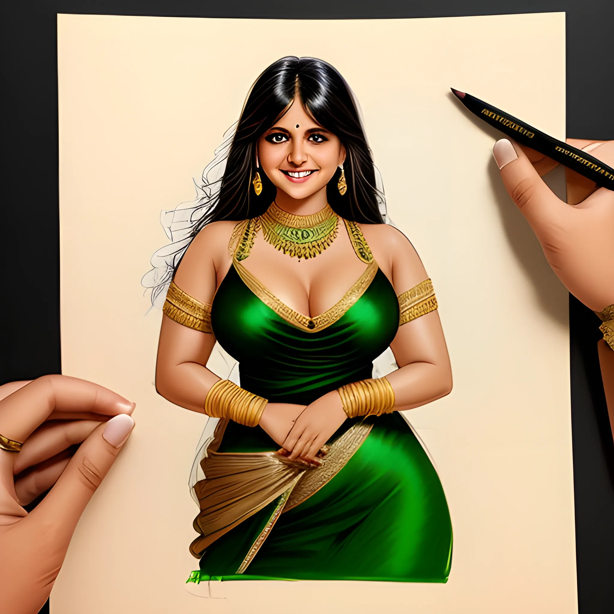 Thick Anjali Sharma
bigger thigh
 white muscular body
Enormous breasts
a stunningly beautiful princess dressed in a light black yellowish silk allur green night dress,
Wearing gold plated jewellery flirty open eyes with cutest smile 
At night 
, Pencil Sketch
