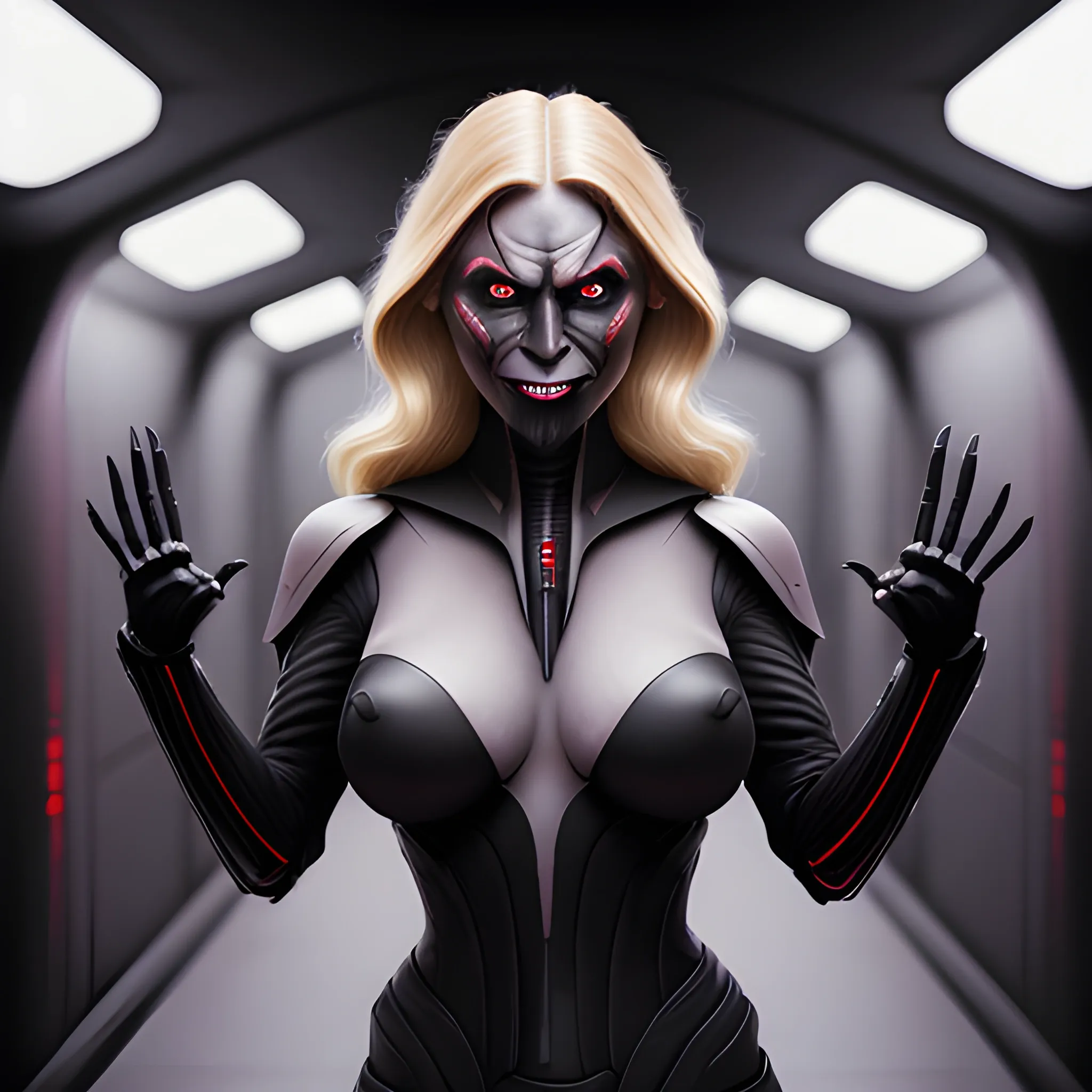  professional photograph of, 8k, a female Sith lord, full body, natural breasts, wearing black sith armor, wavy blonde hair, evil smile, in a dark spaceship corridor, realistic hands, five slender fingers, beautiful hands, two thumbs, beautiful lips, curved eyebrows, curved eyelid, beautiful eyes, ultra realistic,