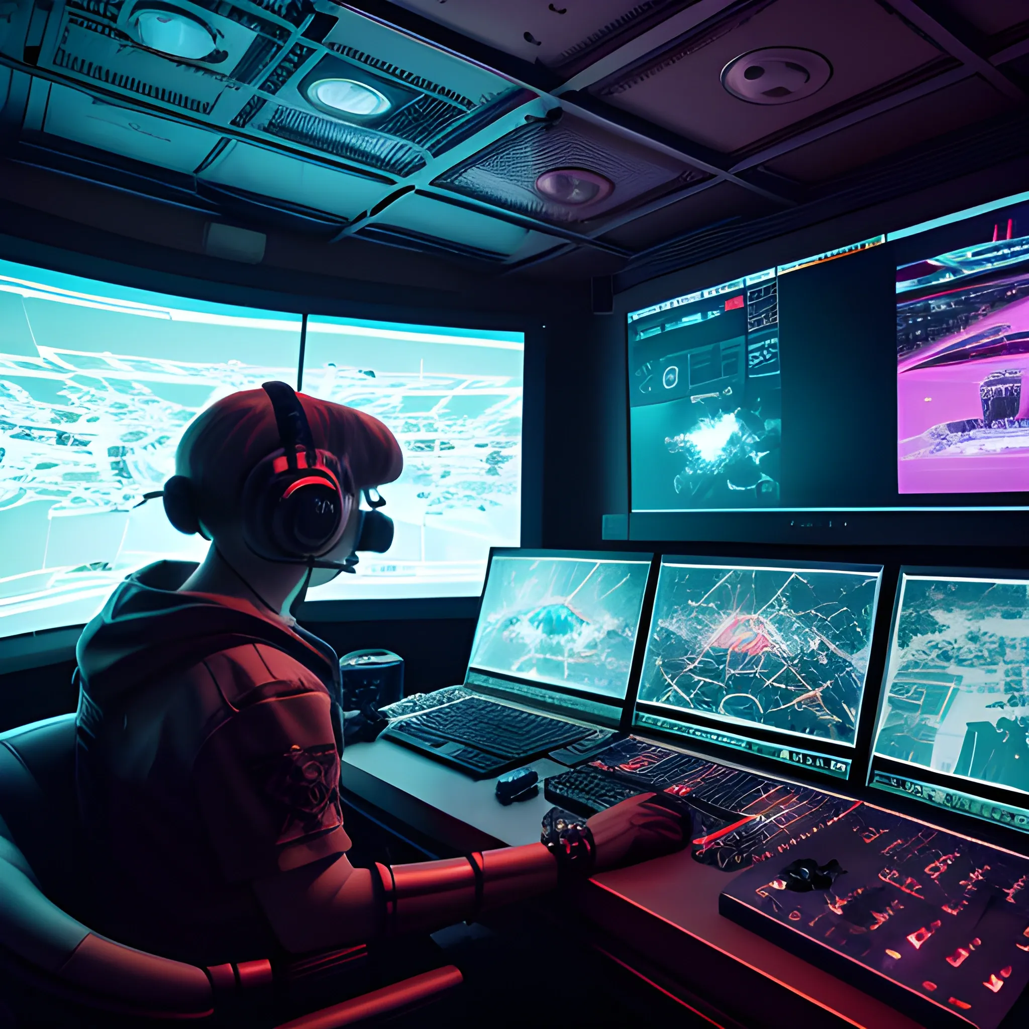 RAW photo, in a control center of a ship watching people play games, demonic, 8k uhd, dslr, soft lighting, high quality, film grain, Fujifilm XT3, anime type, sci-fi and cyberpunk
, Cartoon