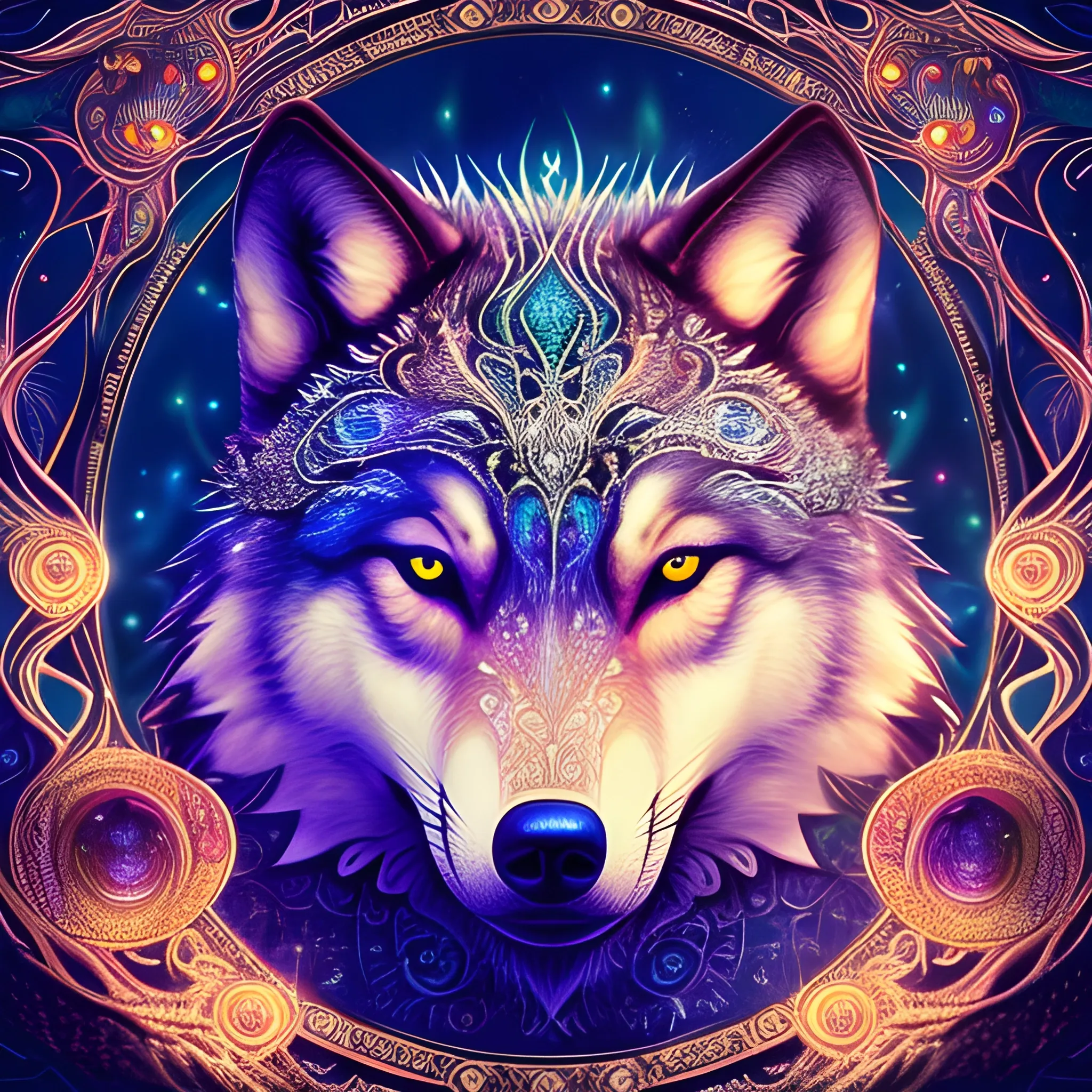 a beautiful wolf under the moon by kerby rosanes, fire psychedelic, cute eyes, paws, peacock feathers, filigree laser fractal details, glistening shiny scales, intricate ornate hypermaximalist sharp focus, dramatic lighting, highly rendered, global illumination, radiant light, detailed and intricate environment with jungle elements , hyper maximalist, ornate, engraved style, luxury, elite, cinematic --ar 1:1.414