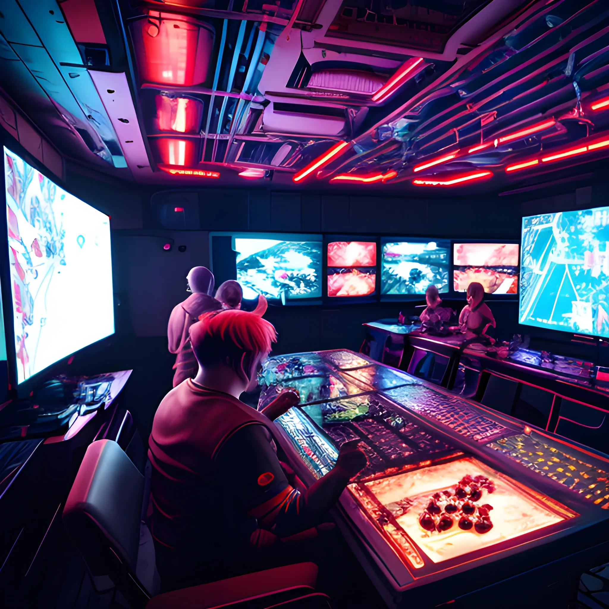 RAW photo, in a control center of a ship multiple people watching people play games, demonic, 8k uhd, dslr, soft lighting, high quality, film grain, Fujifilm XT3, anime type, sci-fi and cyberpunk
, Cartoon