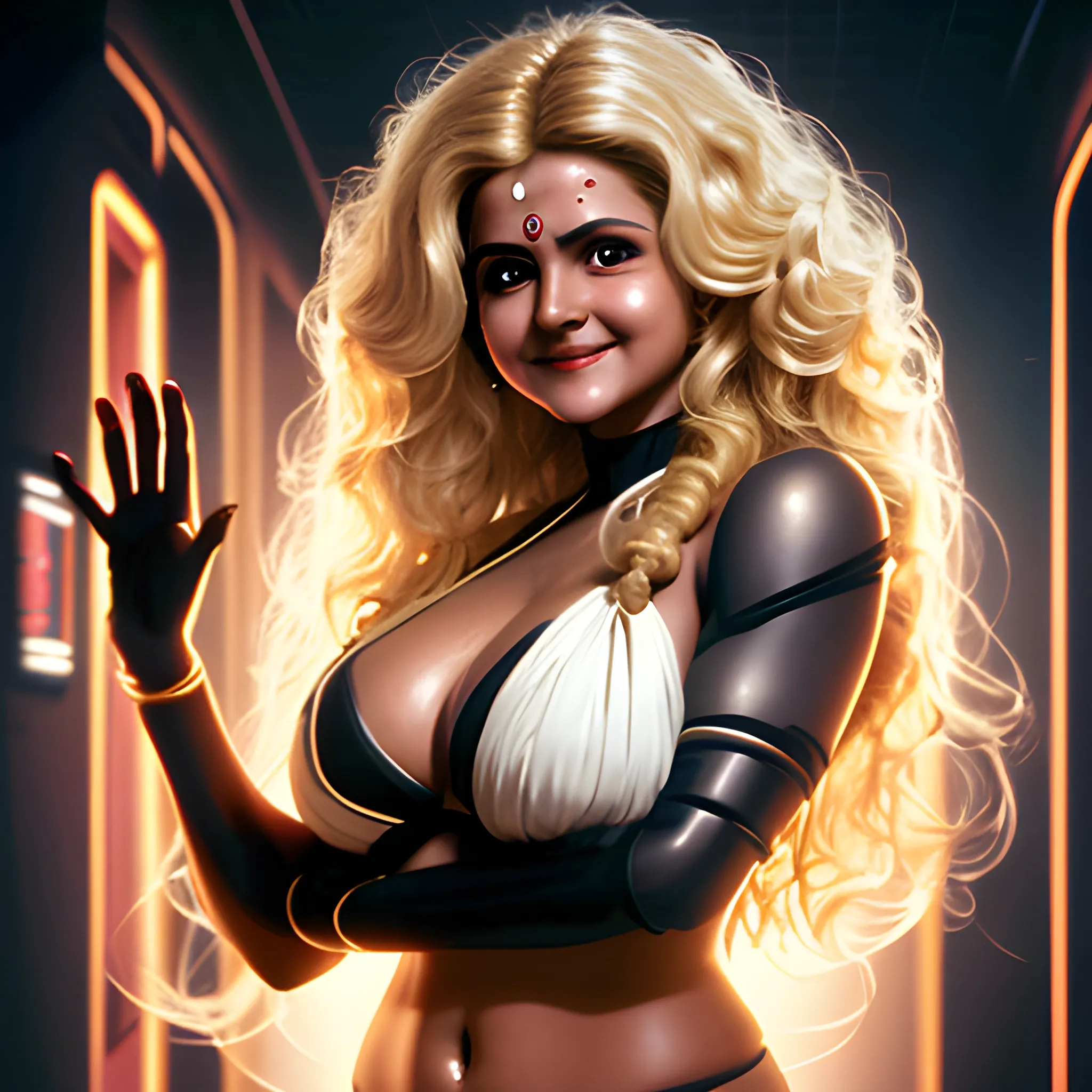  professional photograph of, 8k, Divya Bharti Sith lord, full body, natural enormous breasts, wearing half white bikini, wavy blonde hair, cute smile, in a dark spaceship corridor, realistic hands, five slender fingers, beautiful hands, two thumbs, muscular body, beautiful lips, curved eyebrows, curved eyelid, beautiful eyes, ultra realistic,
