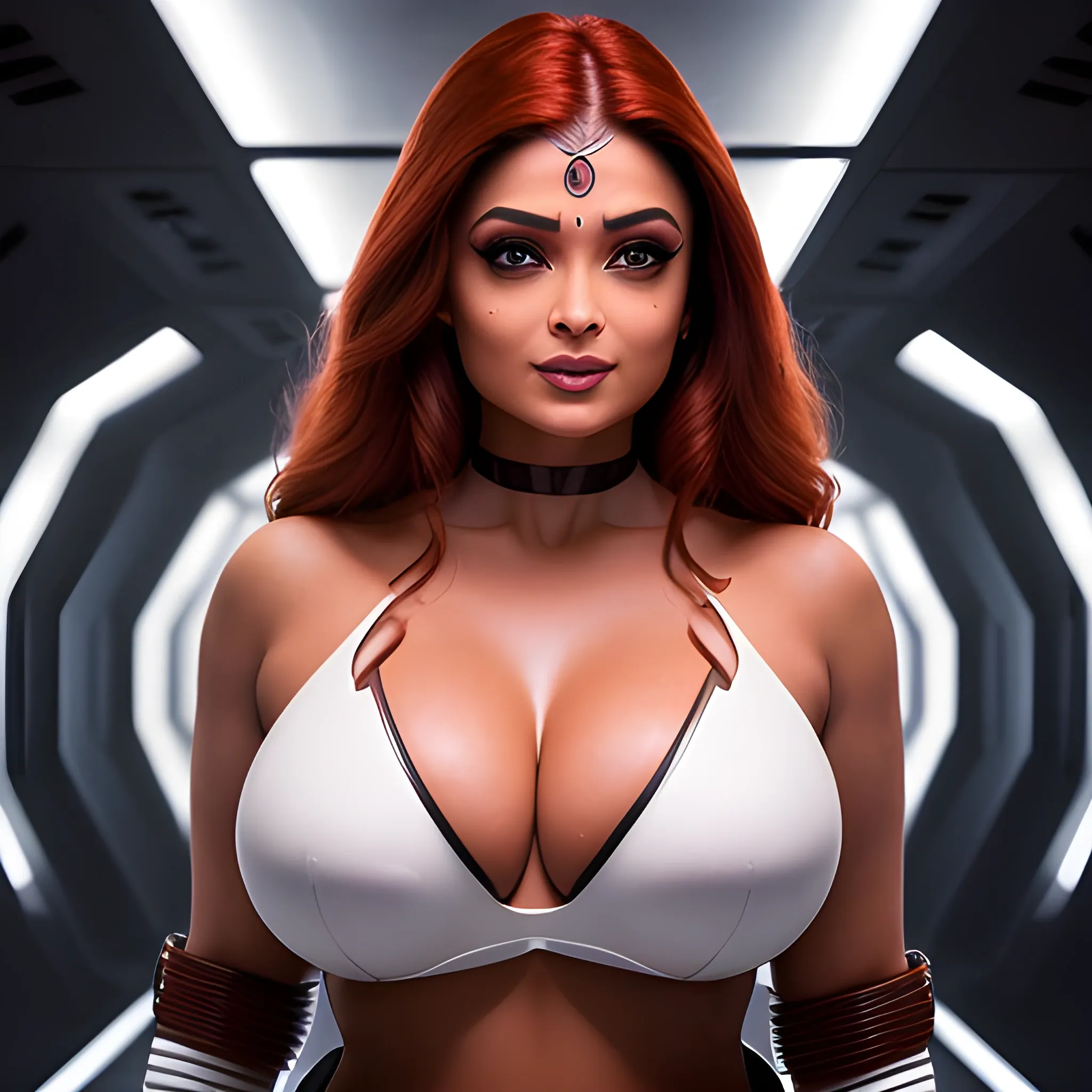  professional photograph of, 8k, D
Aishwarya Rai Sith lord, full body, natural enormous breasts, wearing half white bikini, wavy reddish hair, cute smile, in a dark spaceship corridor, realistic hands, five slender fingers on beautiful chest, two thumbs, muscular body, beautiful lips, curved eyebrows, curved eyelid, beautiful eyes, ultra realistic,