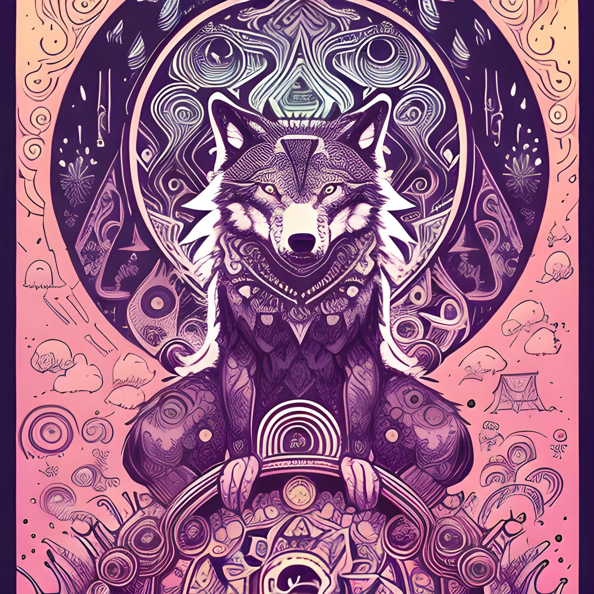 a wolf with a festival and people dancing on his back in the style of kerby rosanes in the worlds within worlds book