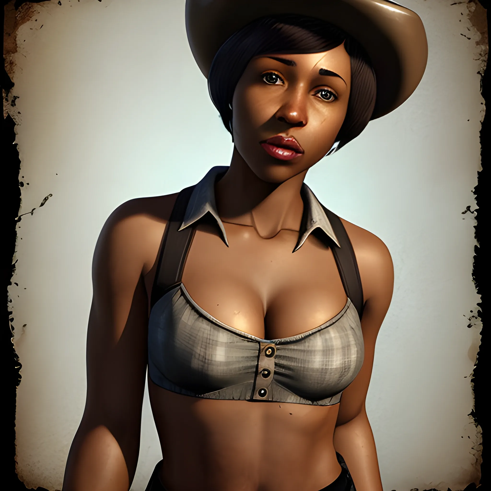 In the style of fallout 1, (masterpiece), (portrait photography), (portrait of an adult African-American female), no makeup, flat chested, white sports bra, cowboy hat, unbuttoned red flannel shirt, bob-cut hairstyle, black hair, black eyes
