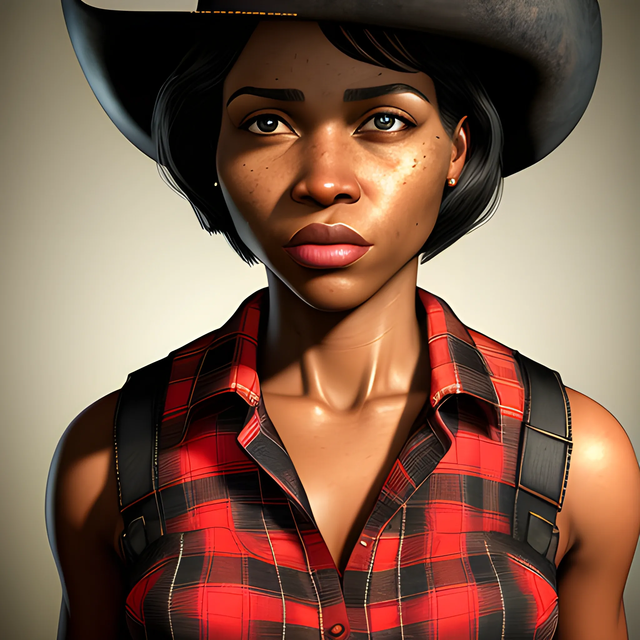 In the style of fallout 1, (masterpiece), (portrait photography), (portrait of an adult African-American female), no makeup, flat chested, white sports bra, cowboy hat, unbuttoned red flannel shirt, bob-cut hairstyle, black hair, black eyes