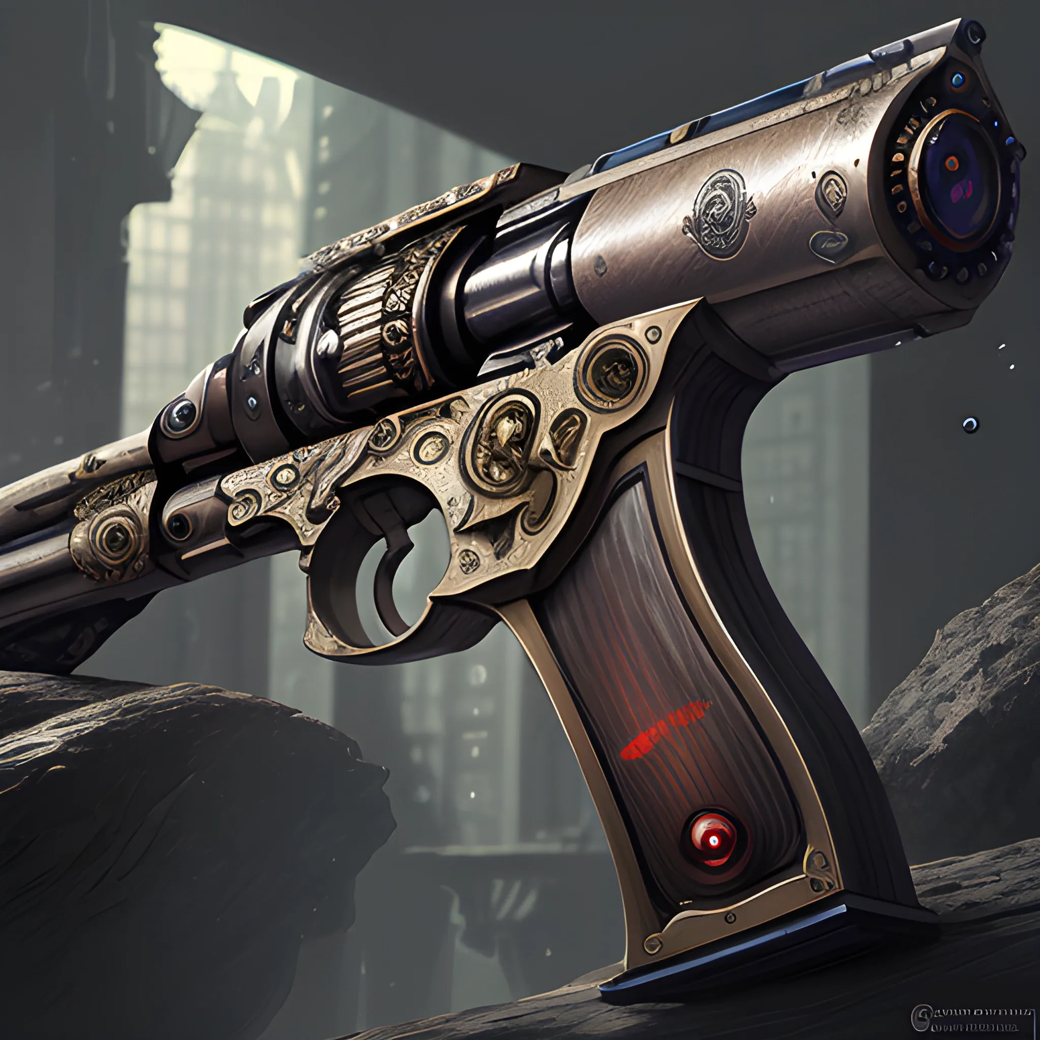 revolver, gun
 big barrel, revolver, 8k, high resolution, high quality, photorealistic, hyperealistic, detailed, detailed matte painting, deep color, fantastical, intricate detail, splash screen, complementary colors, fantasy, concept art,