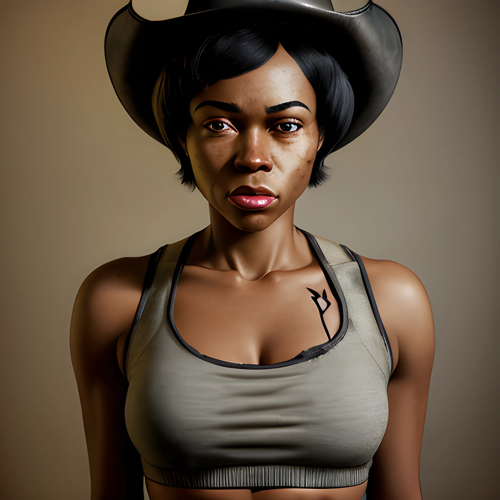 In the style of fallout 1, (masterpiece), (portrait photography), (portrait of an adult African-American female), no makeup, flat chested, white sports bra, cowboy hat, unbuttoned red flannel shirt, bob-cut hairstyle, black hair, black eyes