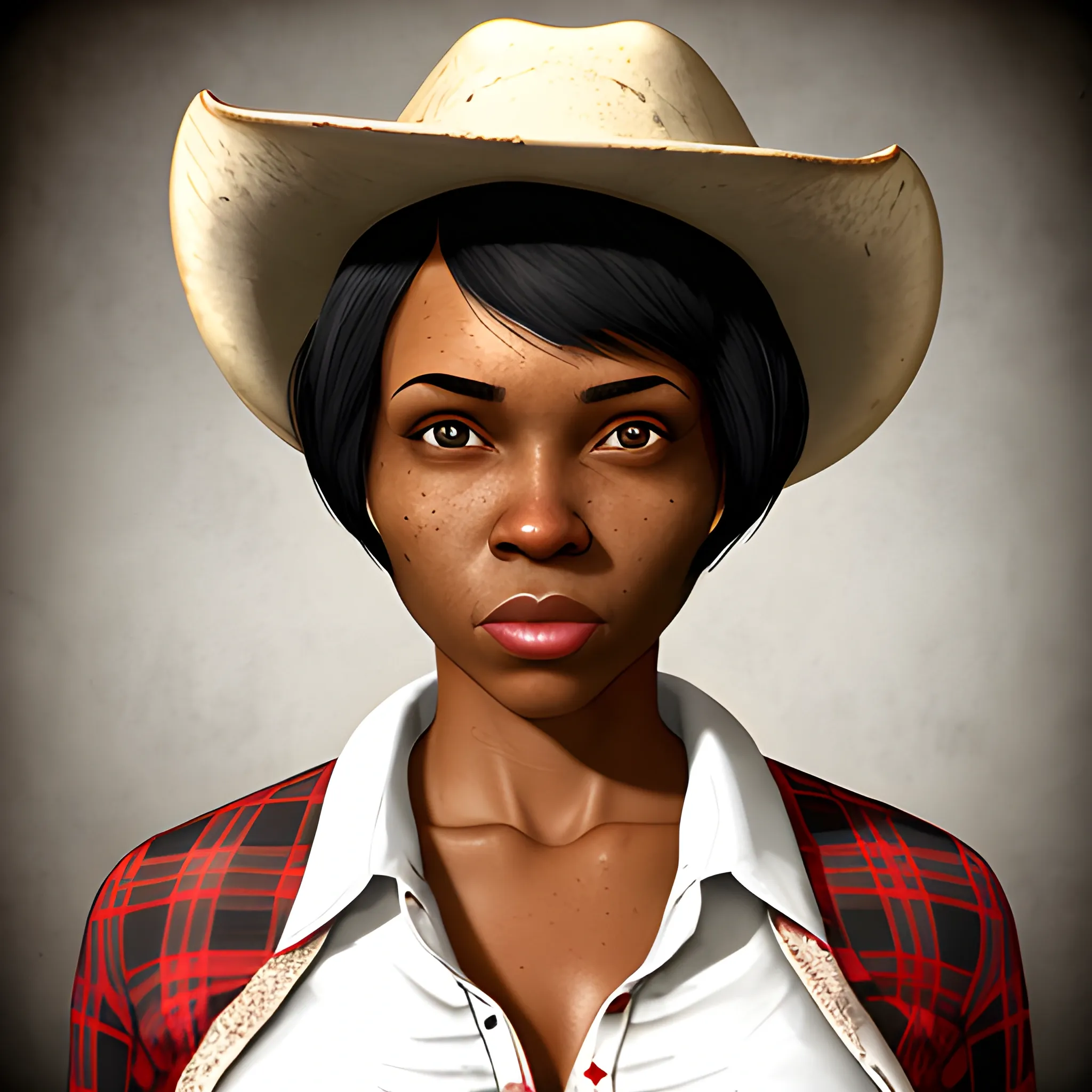 In the style of fallout 1, (masterpiece), (portrait photography), (portrait of an adult African-American female), no makeup, flat chested, white sports bra, cowboy hat, unbuttoned red flannel shirt, bob-cut hairstyle, black hair, black eyes