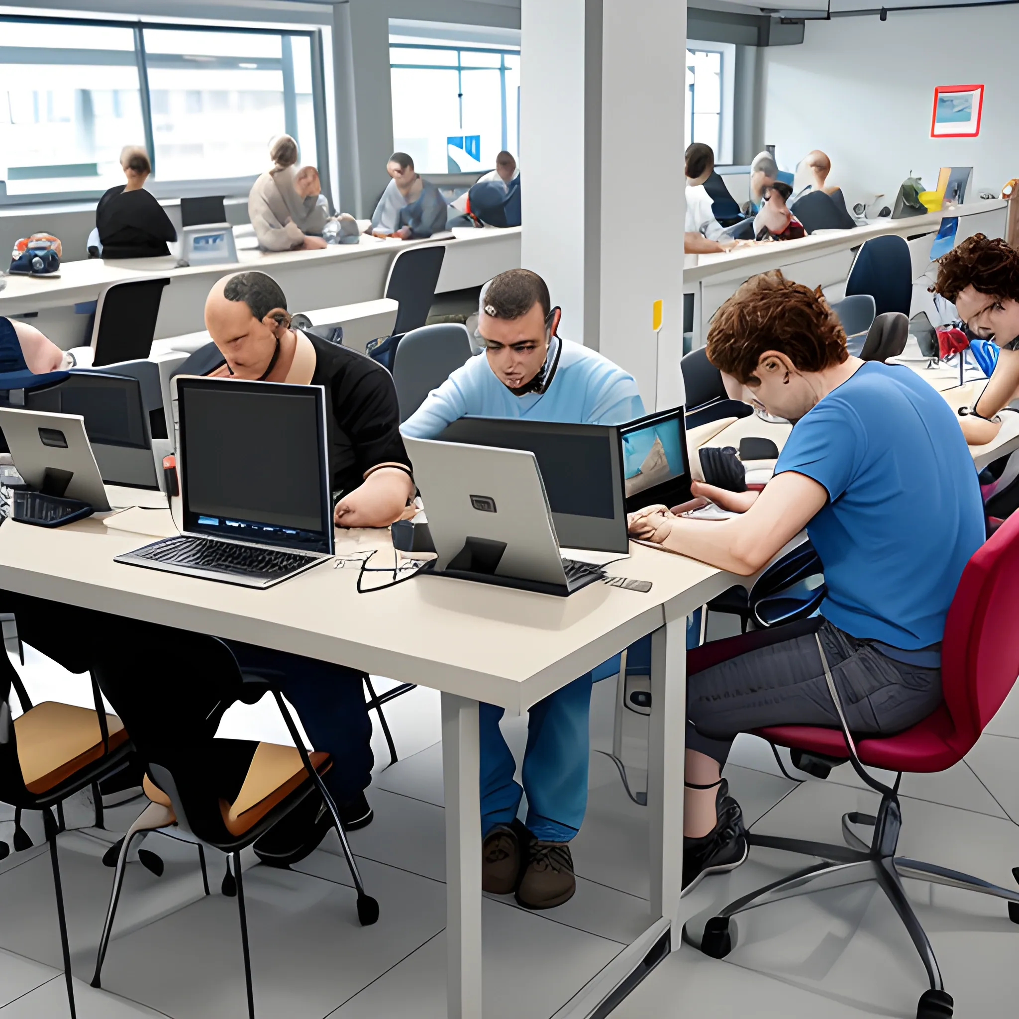 RAW photo, multiple people using tech at a tech utility centre, cartoon
