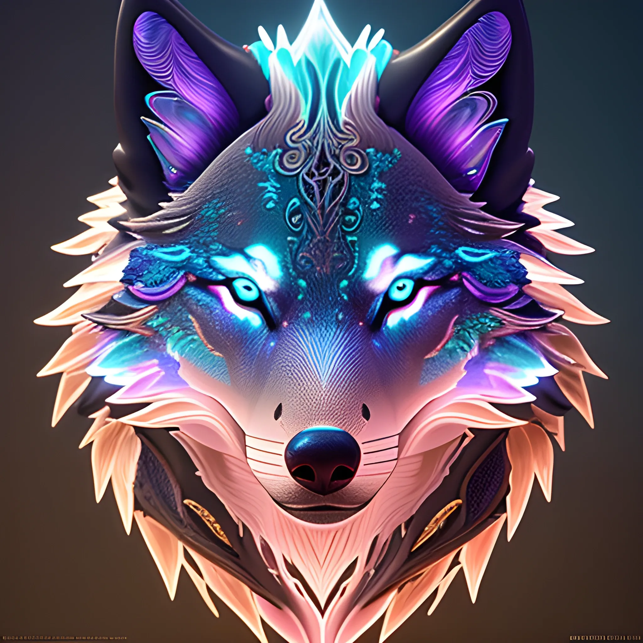 iridescent opalescent wolf, bioluminescent, ornate, dynamic, particulate, intricate, elegant, highly detailed, brown orange, centered, artstation, smooth, sharp focus, octane render