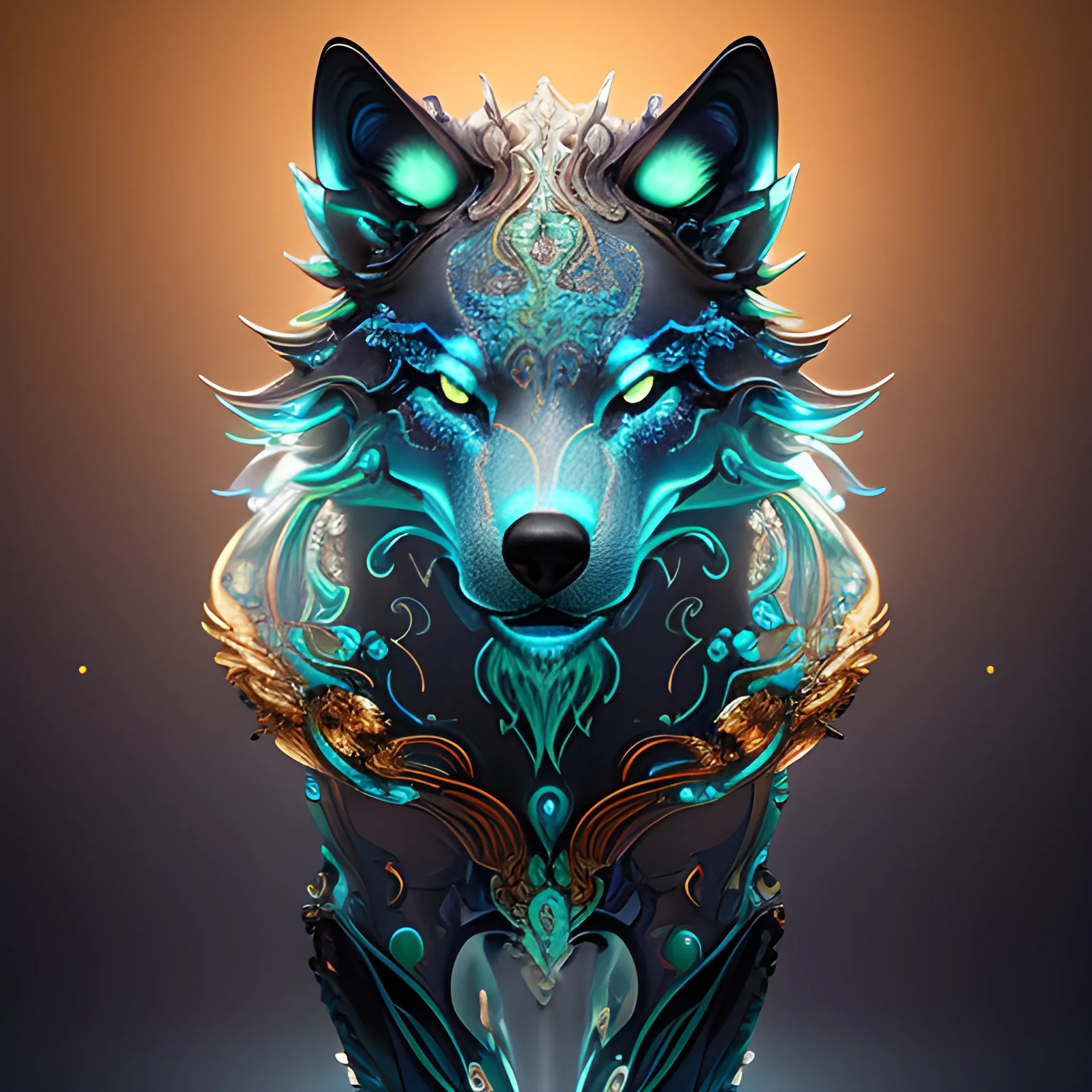 iridescent opalescent wolf, bioluminescentl by michal karcz, daniel merriam, victo ngai and guillermo del toro : ornate, dynamic, particulate, intricate, elegant, highly detailed, brown orange, centered, artstation, smooth, sharp focus, octane render