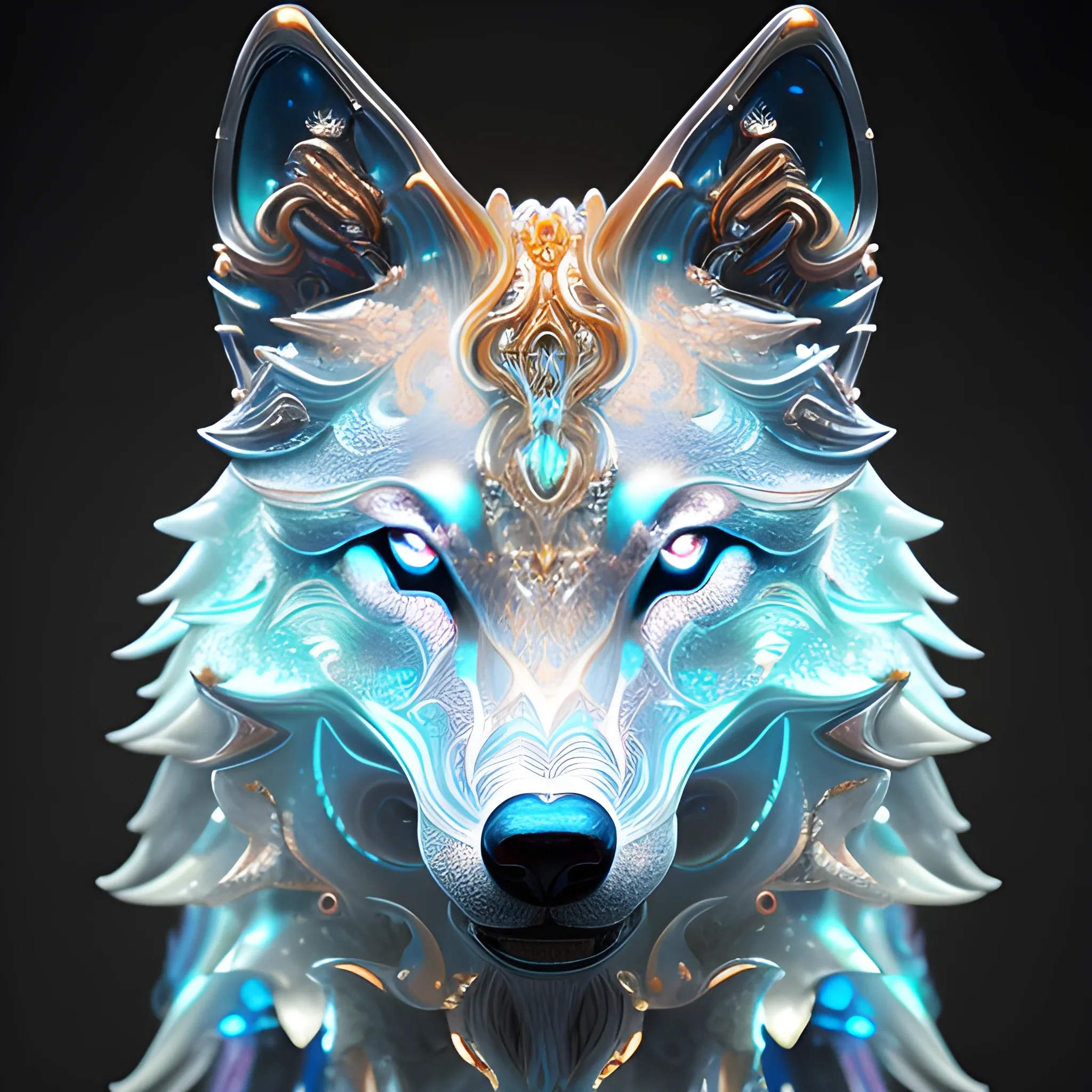 iridescent opalescent wolf, bioluminescentl by michal karcz, daniel merria : ornate, dynamic, particulate, intricate, elegant, highly detailed, brown orange, centered, artstation, smooth, sharp focus, white background white no shadows