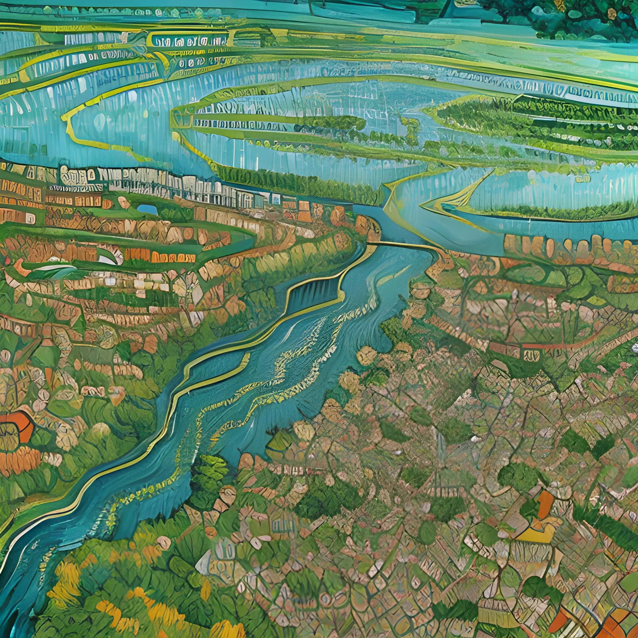 a birds eye view overlooking an Hight tec  city surrounded by water and trees of greens and browns, rivers and lakes by Van gogh