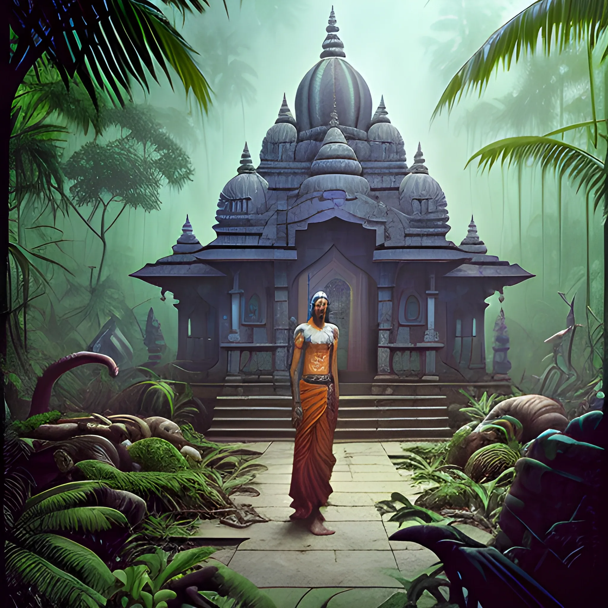 8 k concept art from a hindu temple lost in the jungle by david mattingly and samuel araya and michael whelan and dave mckean and richard corben. realistic matte painting with photorealistic hdr volumetric lighting. composition and layout inspired by gregory crewdson. 