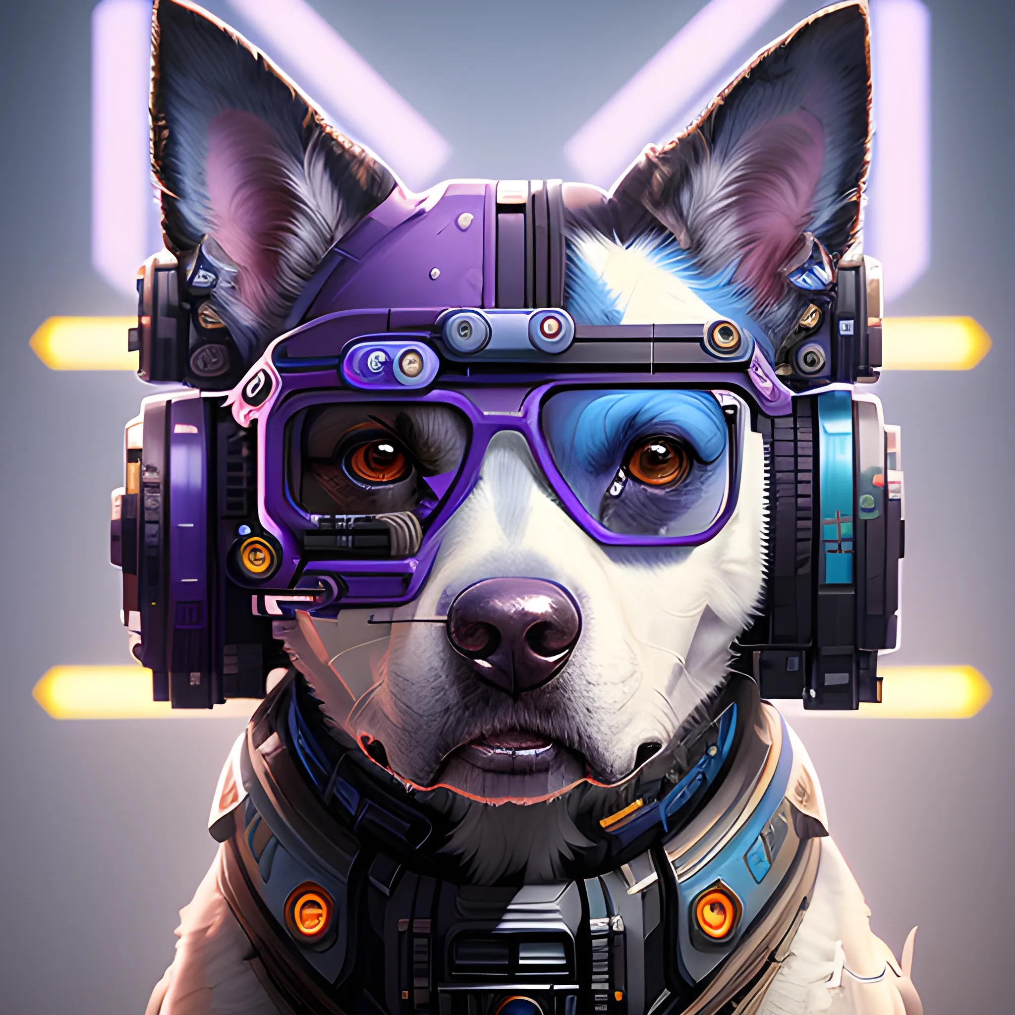 a beautiful portrait of a cute cyberpunk dog by sandra chevrier and greg rutkowski and wlop, purple blue color scheme, high key lighting, volumetric light, digital art, highly detailed, fine detail, intricate, ornate, complex, octane render, unreal engine, photorealistic 