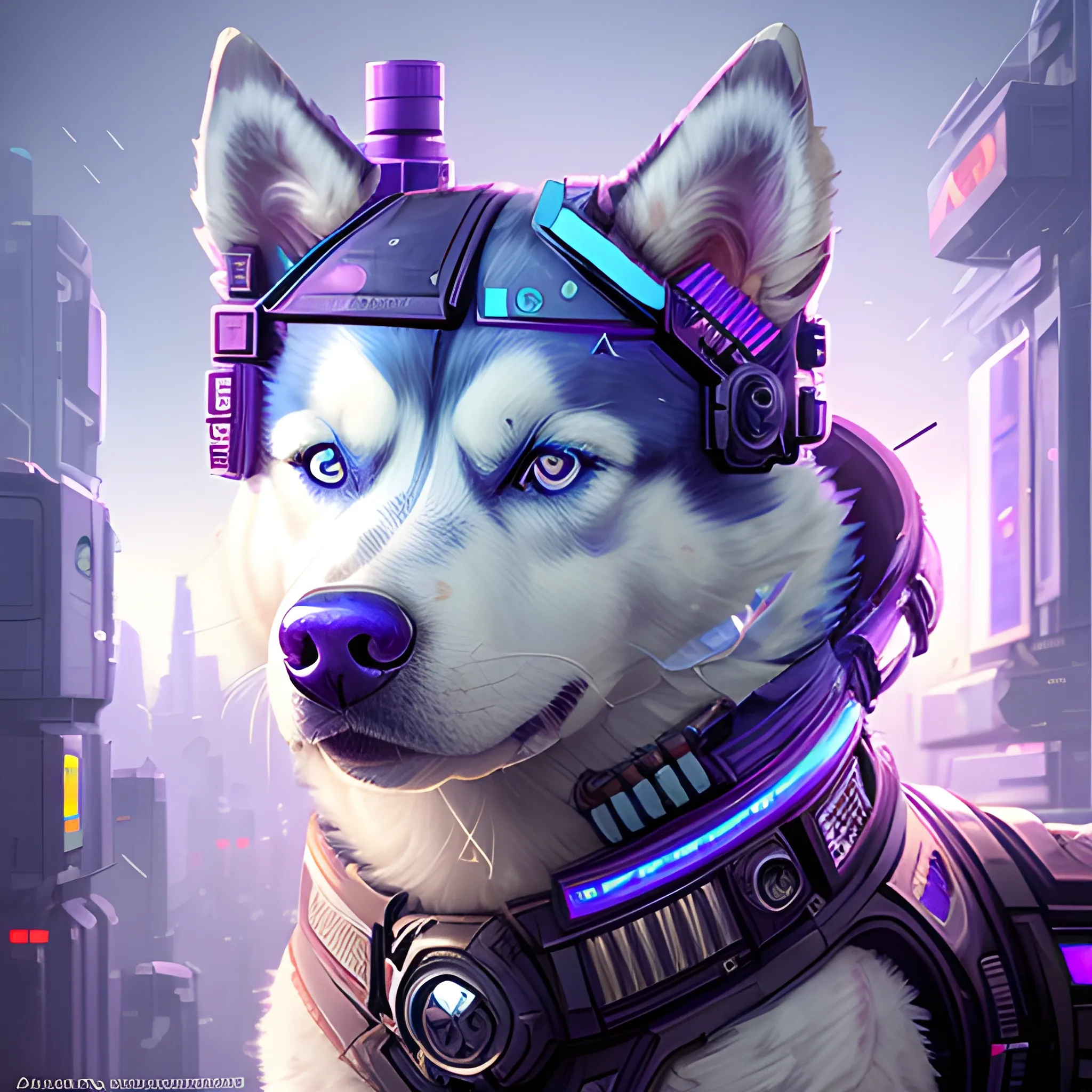 a beautiful portrait of a cute cyberpunk dog husky by sandra chevrier and greg rutkowski and wlop, purple blue color scheme, high key lighting, volumetric light, digital art, highly detailed, fine detail, intricate, ornate, complex, octane render, unreal engine, photorealistic 