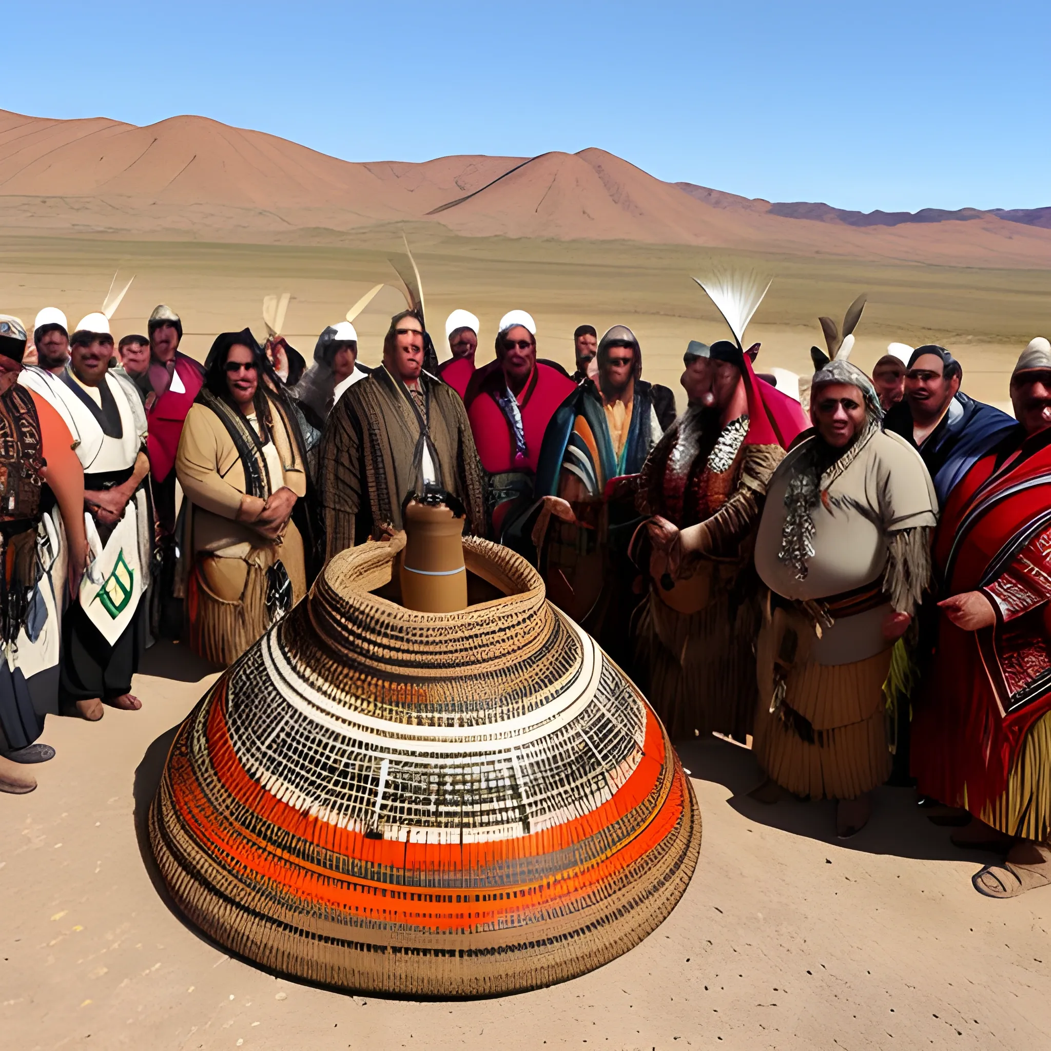 a big group of wichi people with a cacique receiving a newborn baby 