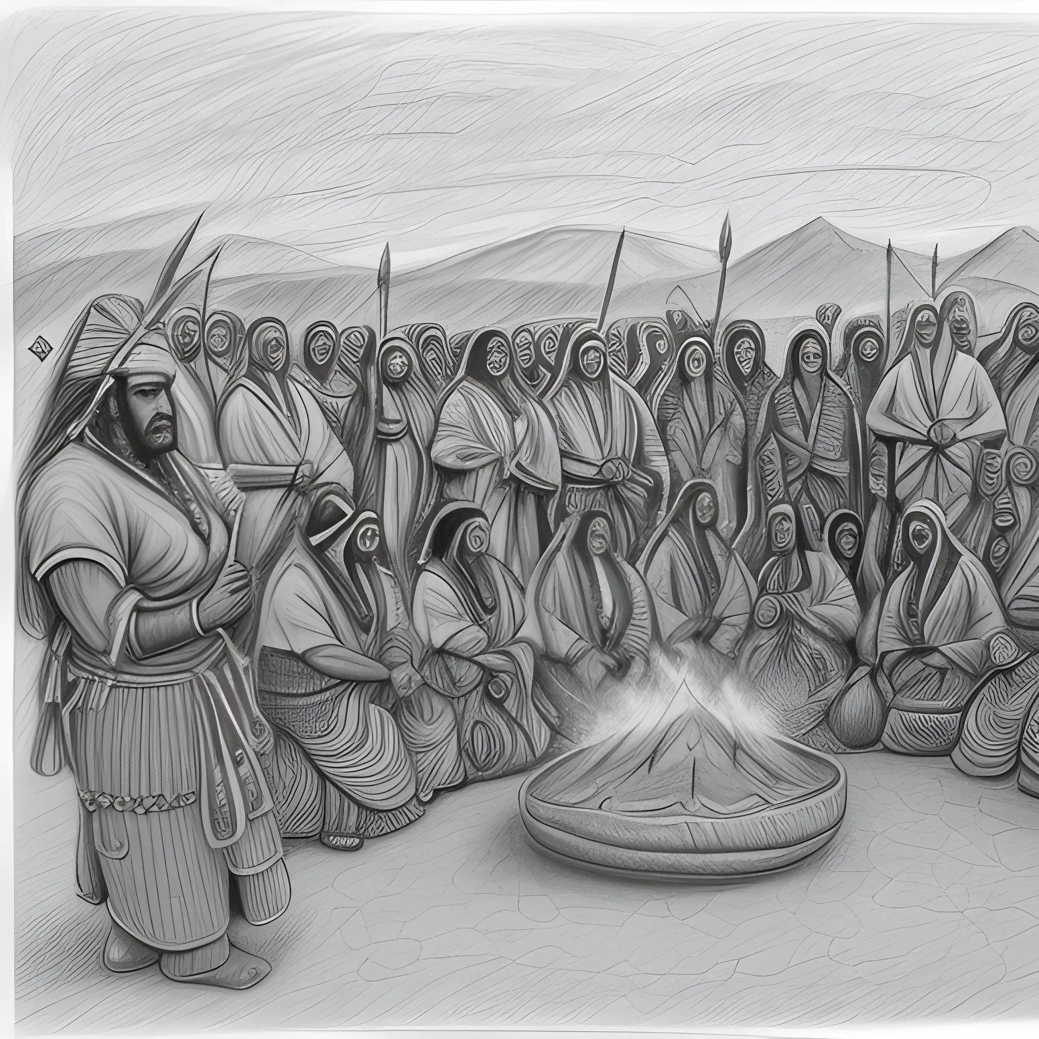 a big group of wichi people with a cacique receiving a newborn baby , Pencil Sketch