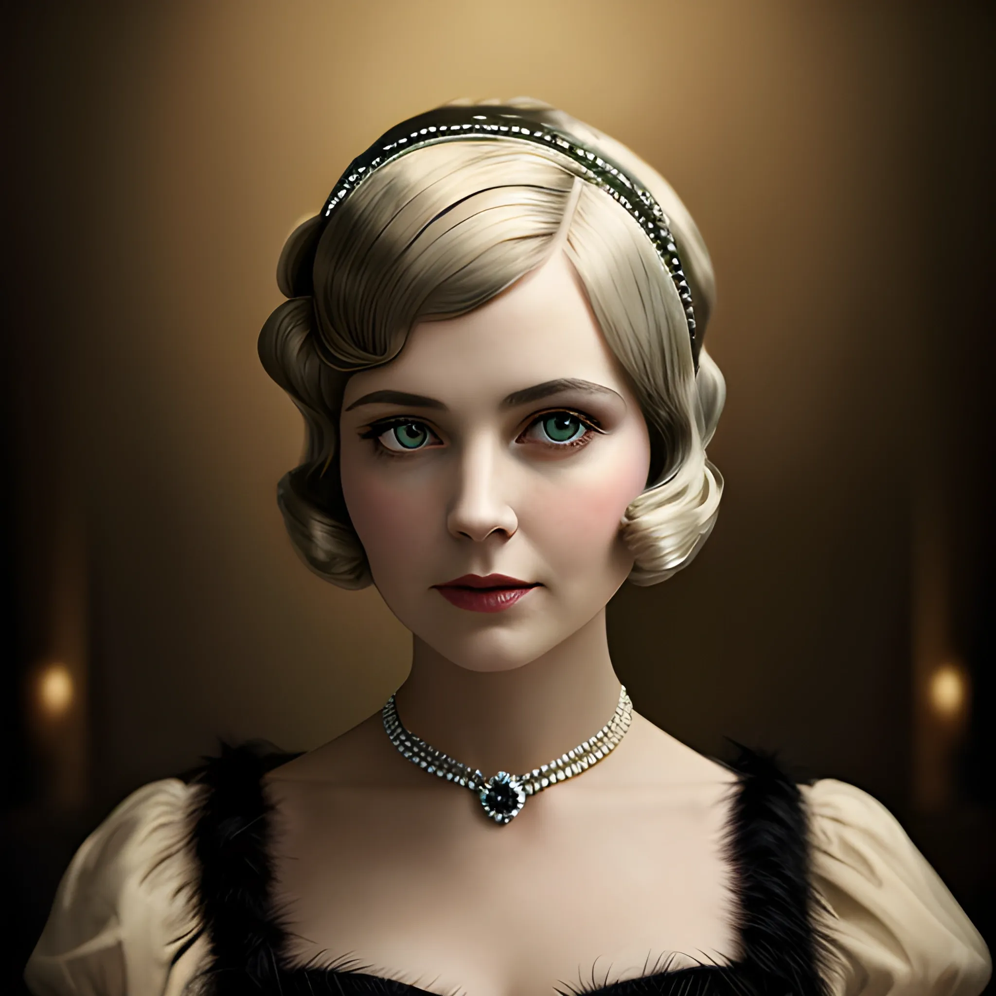 8k, Masterpiece, beautiful lady looking, looks  at camera with love, in period costume, in the style of the Great Gatsby, studio Dark light, rim light, stunningly beautiful, matte, award-winning, cinematic quality, photorealism