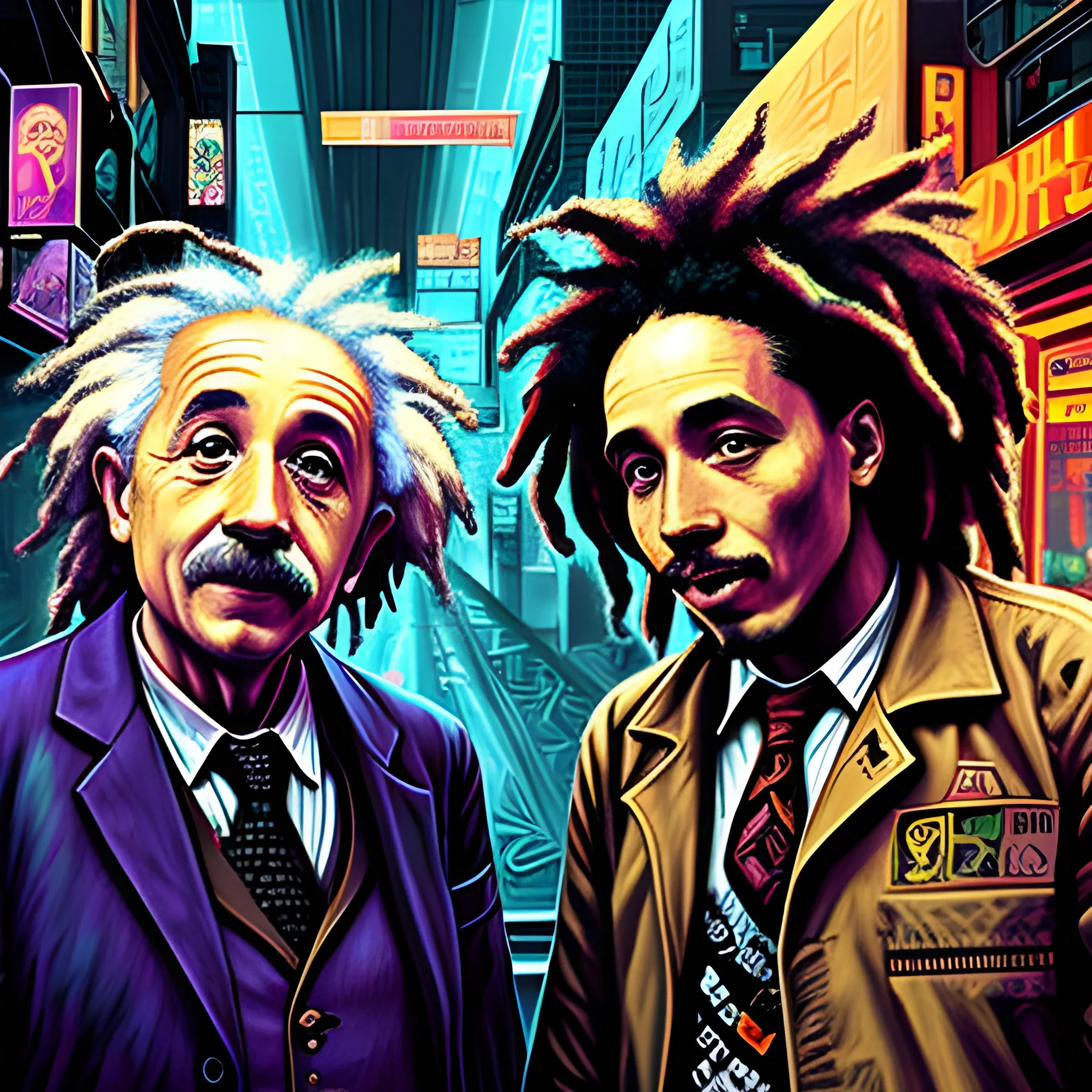 Albert Einstein and Bob Marley, cyberpunk, street background
