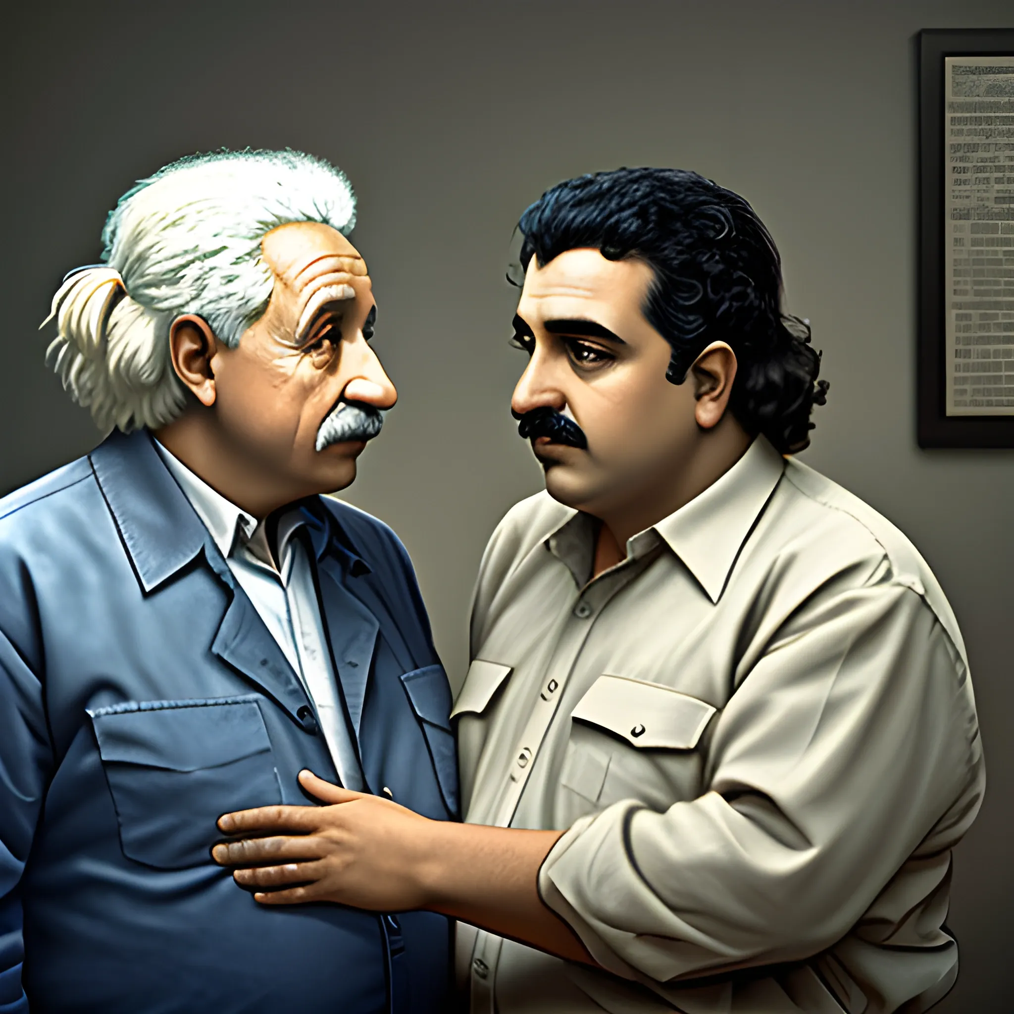 Albert Einstein and Pablo Escobar, talking, 4k, realistic