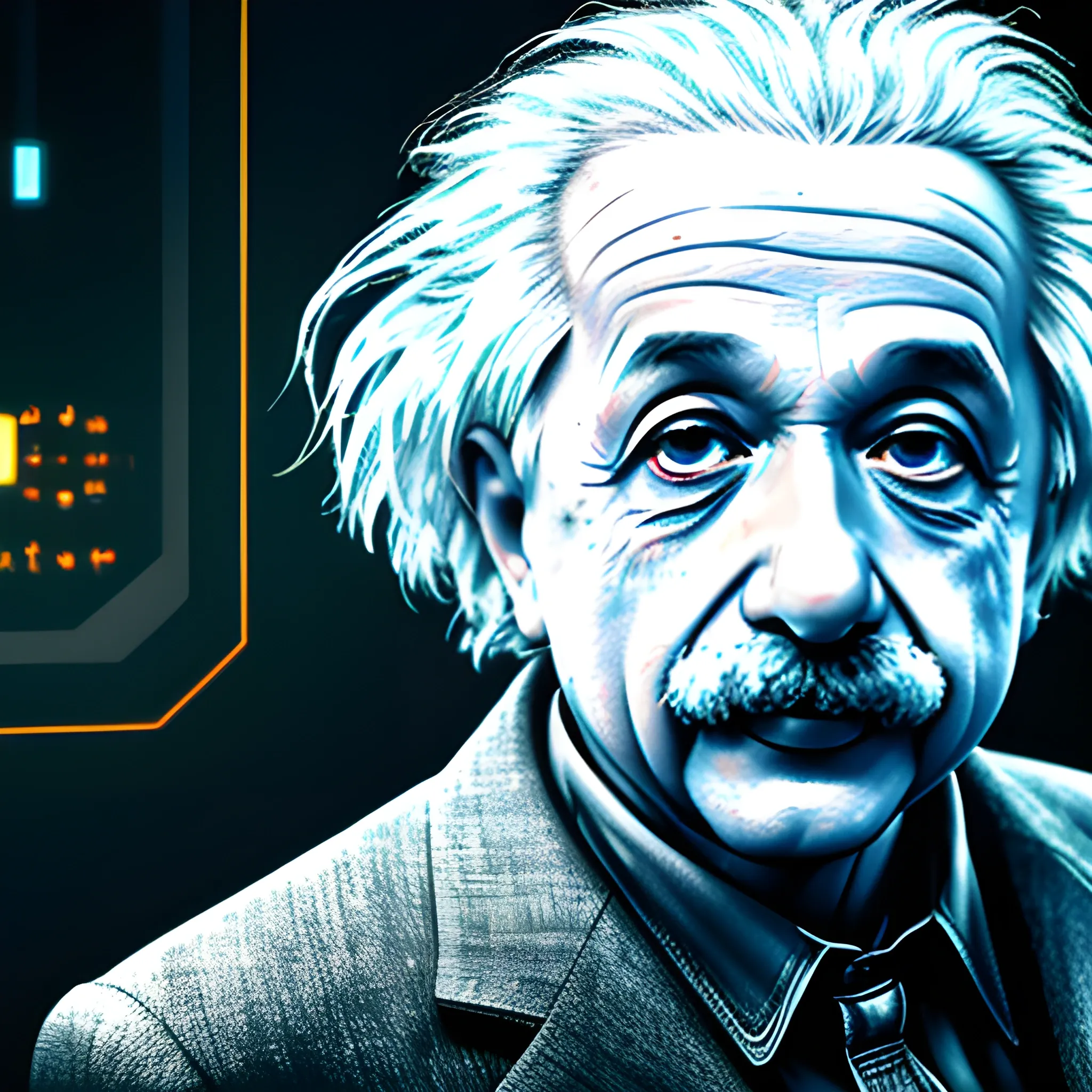 Albert Einstein is a robot, 4k, realistic, cyberpunk