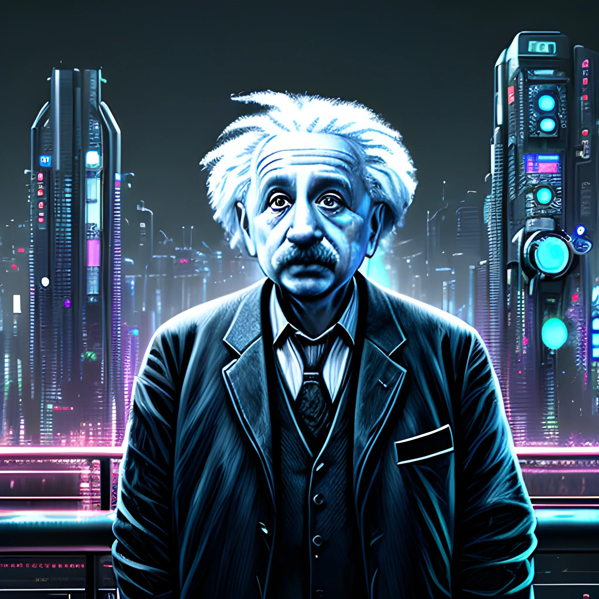 Albert Einstein is a robot, 4k, realistic, cyberpunk, city at night