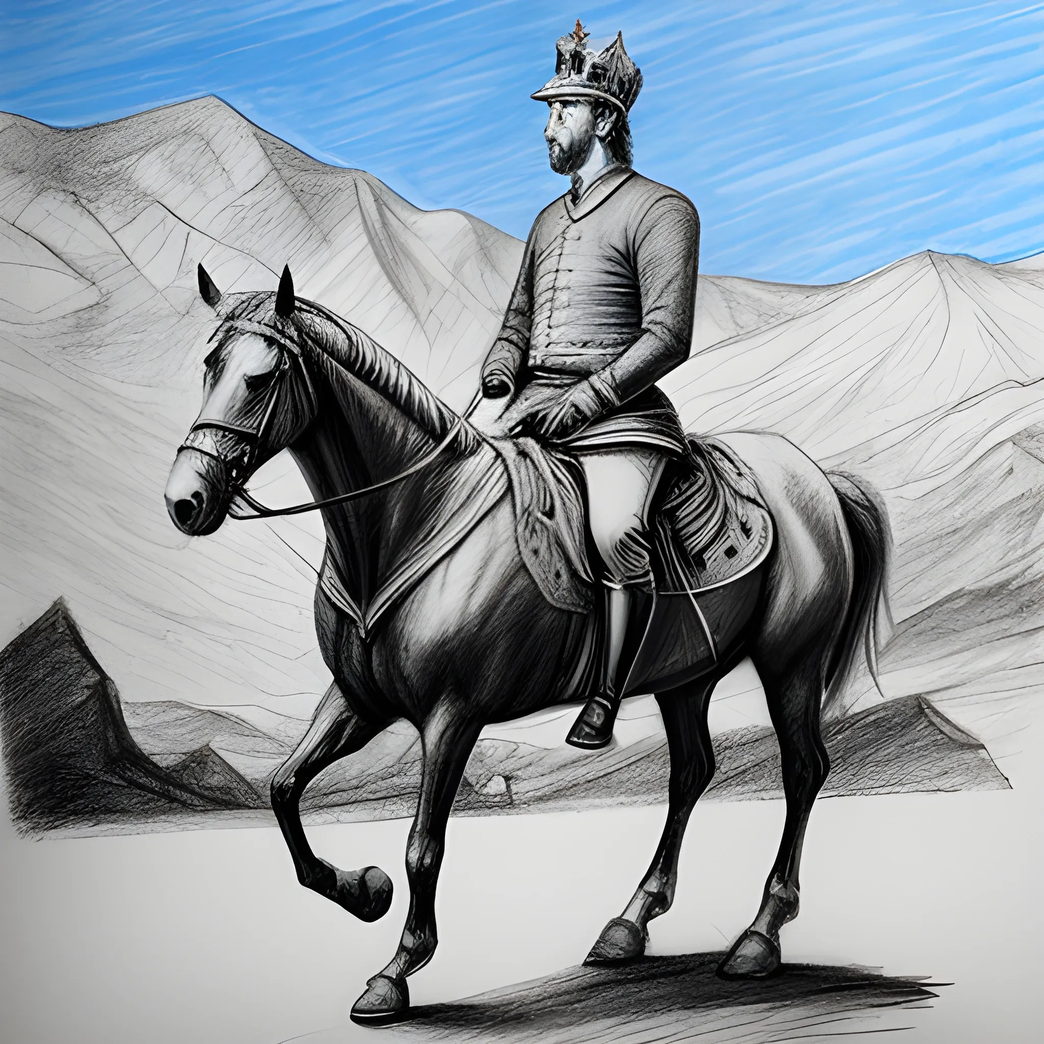 King, On A Horse, Mountains, Blue Sky, Pencil Sketch