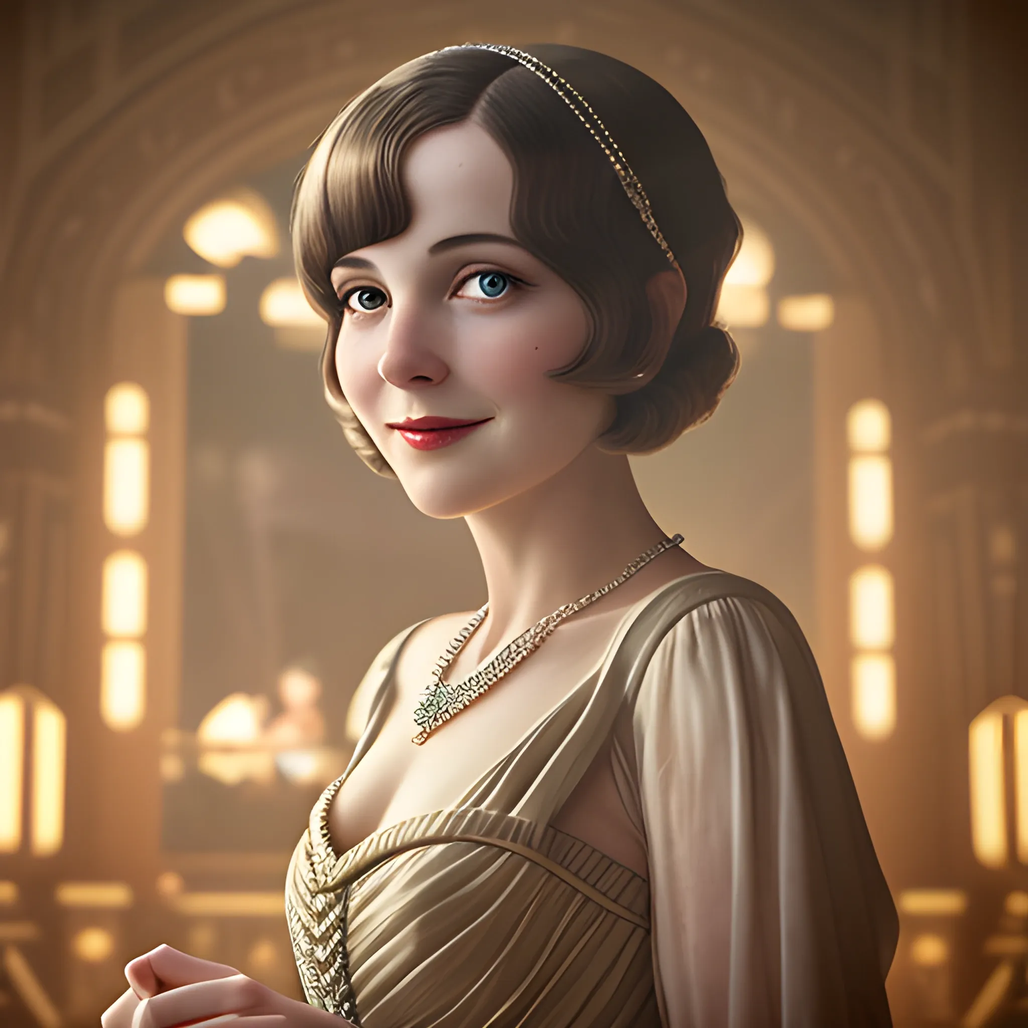 8k, Masterpiece, beautiful lady looking at her fiancee of camera, smiles , in period costume, in the style of the Great Gatsby, studio Dark light, rim light, stunningly beautiful, matte, award-winning, cinematic quality, photorealism
