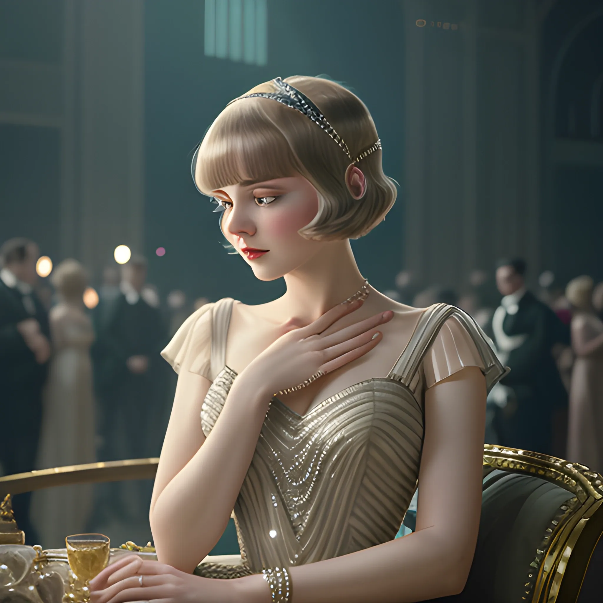 8k, Masterpiece, beautiful lady falling in love with the man off camera, in period costume, in the style of the Great Gatsby, studio Dark light, rim light, stunningly beautiful, matte, award-winning, cinematic quality, photorealism