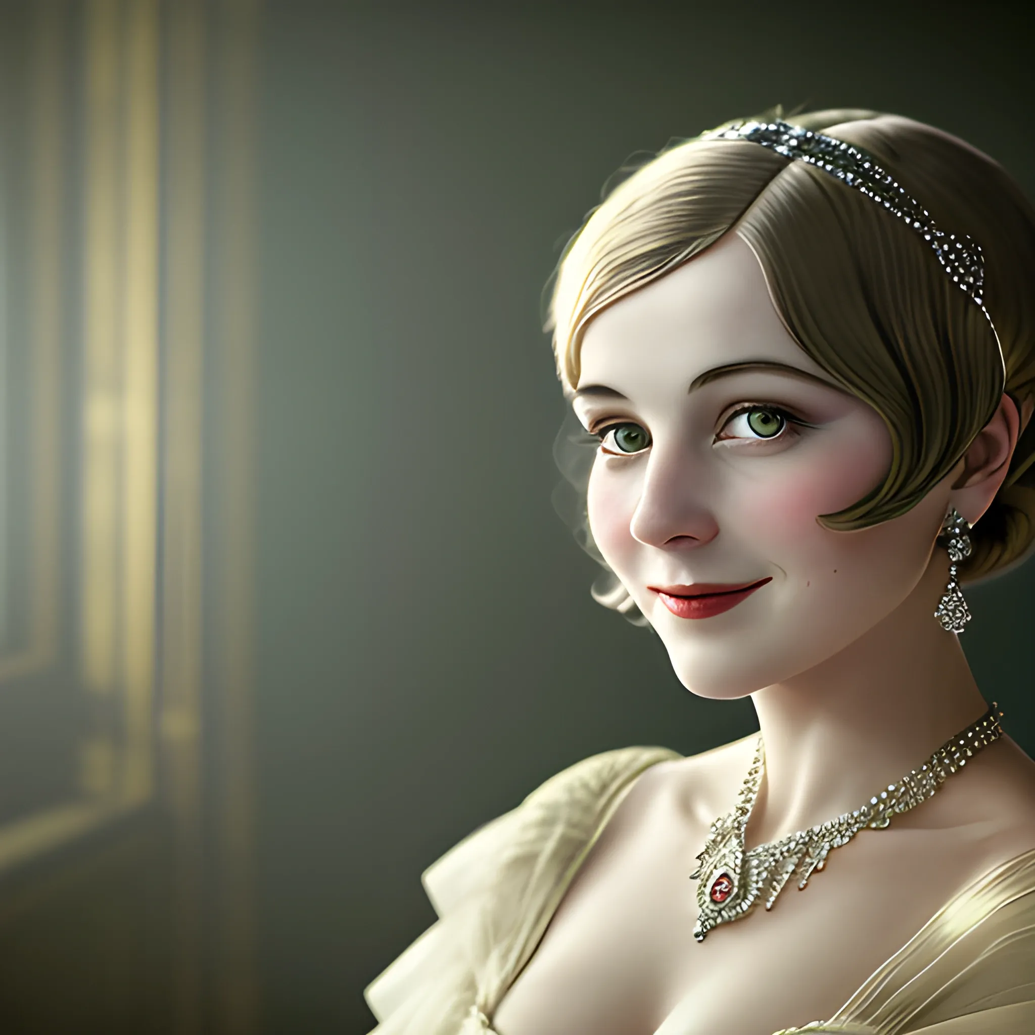 8k, Masterpiece, beautiful lady looking at her fiancee of camera, smiles , in period costume, in the style of the Great Gatsby, studio Dark light, rim light, stunningly beautiful, matte, award-winning, cinematic quality, photorealism