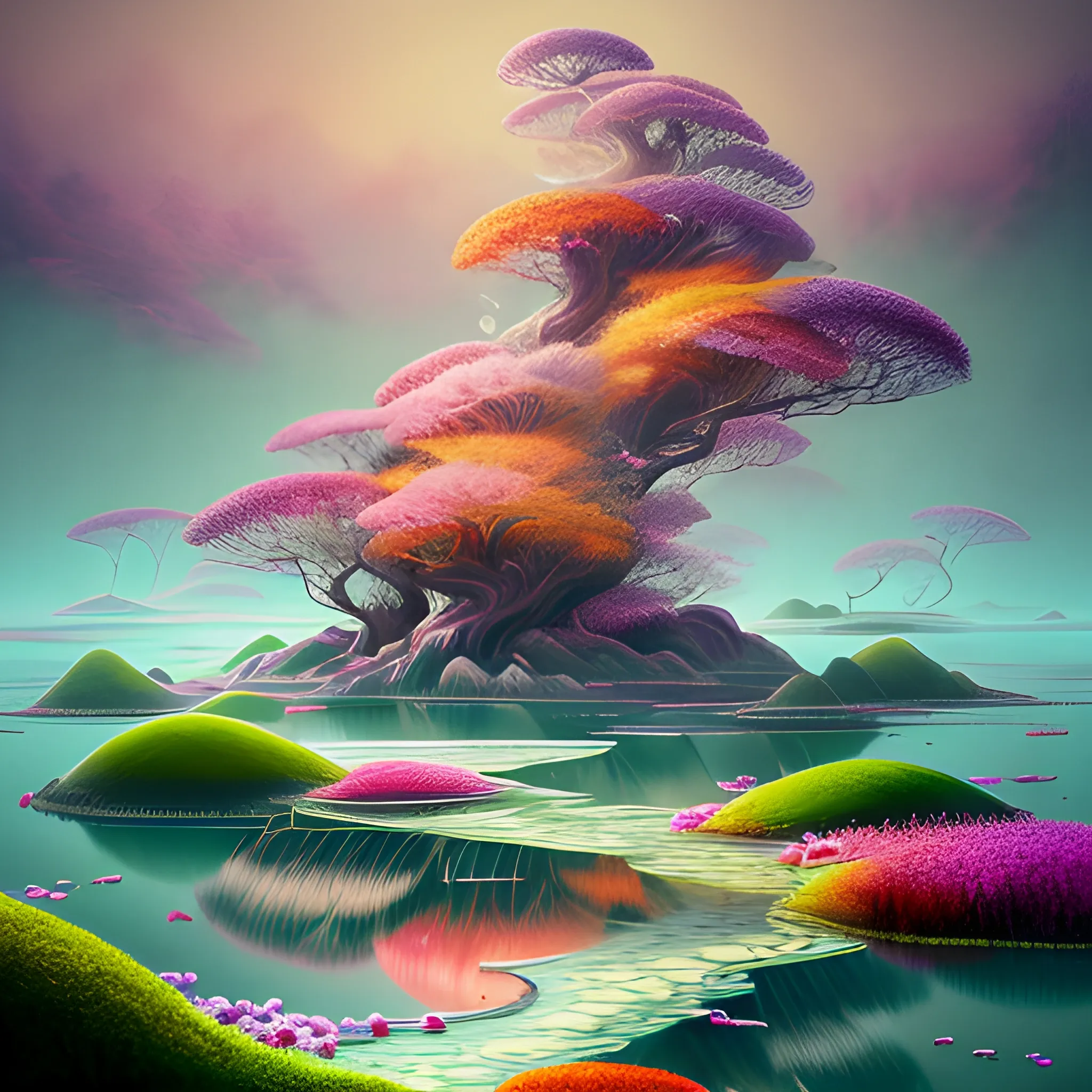 (by Ananta Mandal (and Andrew Biraj:0.5)), (in the style of nihonga), Style: Abstract, Medium: Digital illustration, Subject: An otherworldly landscape with floating islands, cascading waterfalls, and vibrant flora and fauna. Camera Angle: Overhead shot capturing the vastness and intricate details of the scene. The colors are saturated, and the lighting creates a warm and ethereal atmosphere. The painting is highly detailed, with every brushstroke capturing the complexity of the imaginary world., (high quality), (detailed), (masterpiece), (best quality), (highres), (extremely detailed), (8k)