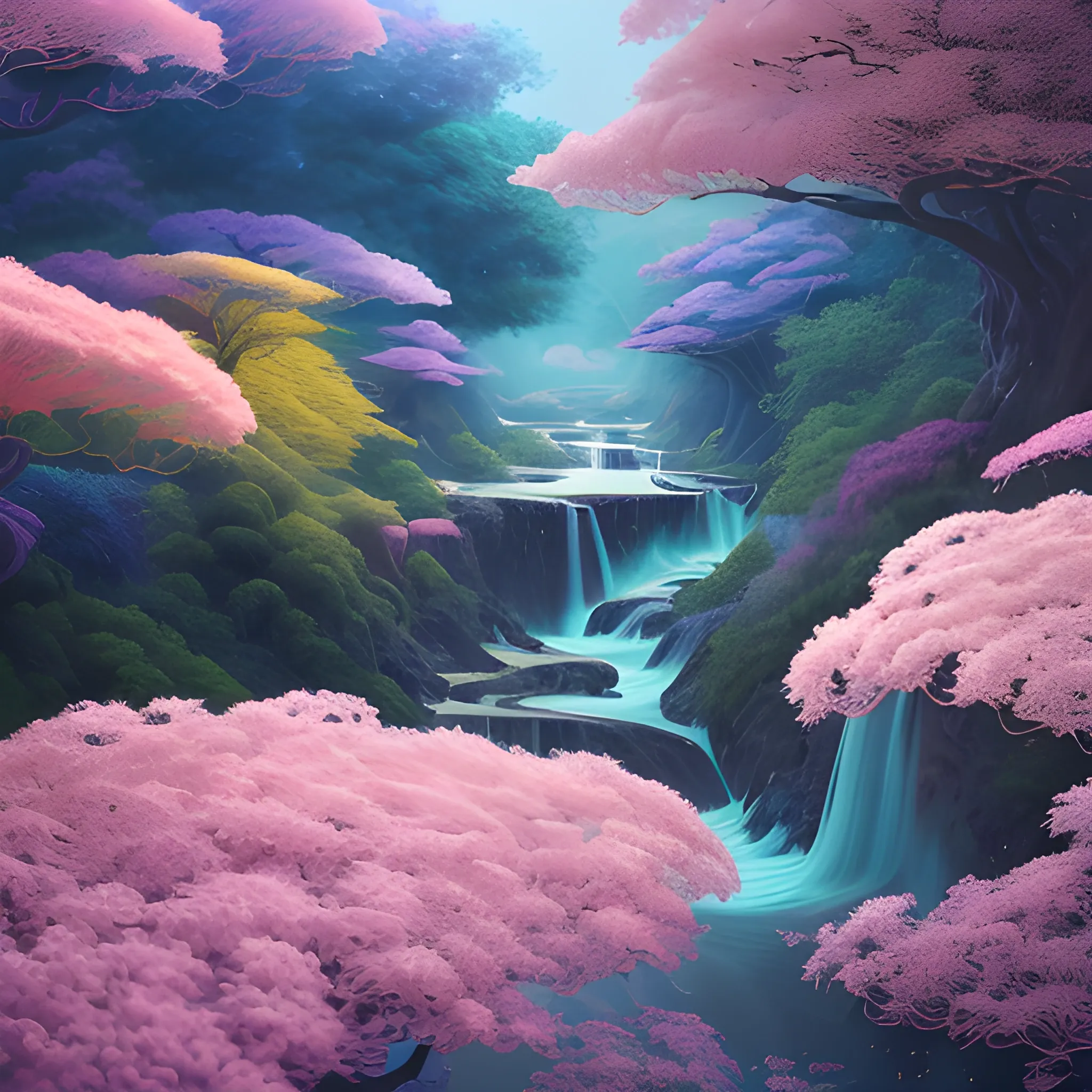 (by Ananta Mandal (and Andrew Biraj:0.5)), (in the style of nihonga), Style: Abstract, Medium: Digital illustration, Subject: An otherworldly landscape with floating islands, cascading waterfalls, and vibrant flora and fauna. Camera Angle: Overhead shot capturing the vastness and intricate details of the scene. The colors are saturated, and the lighting creates a warm and ethereal atmosphere. The painting is highly detailed, with every brushstroke capturing the complexity of the imaginary world., (high quality), (detailed), (masterpiece), (best quality), (highres), (extremely detailed), (8k)