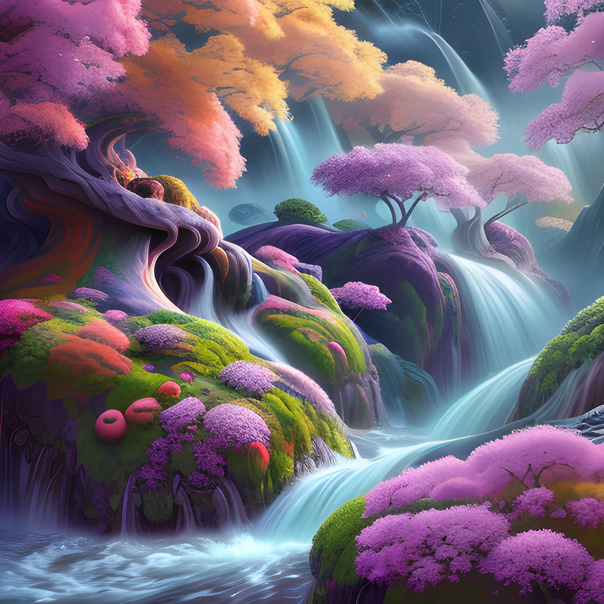 (by Ananta Mandal (and Andrew Biraj:0.5)), (in the style of nihonga), Style: Abstract, Medium: Digital illustration, Subject: An otherworldly landscape with floating islands, cascading waterfalls, and vibrant flora and fauna. Camera Angle: Overhead shot capturing the vastness and intricate details of the scene. The colors are saturated, and the lighting creates a warm and ethereal atmosphere. The painting is highly detailed, with every brushstroke capturing the complexity of the imaginary world., (high quality), (detailed), (masterpiece), (best quality), (highres), (extremely detailed), (8k)