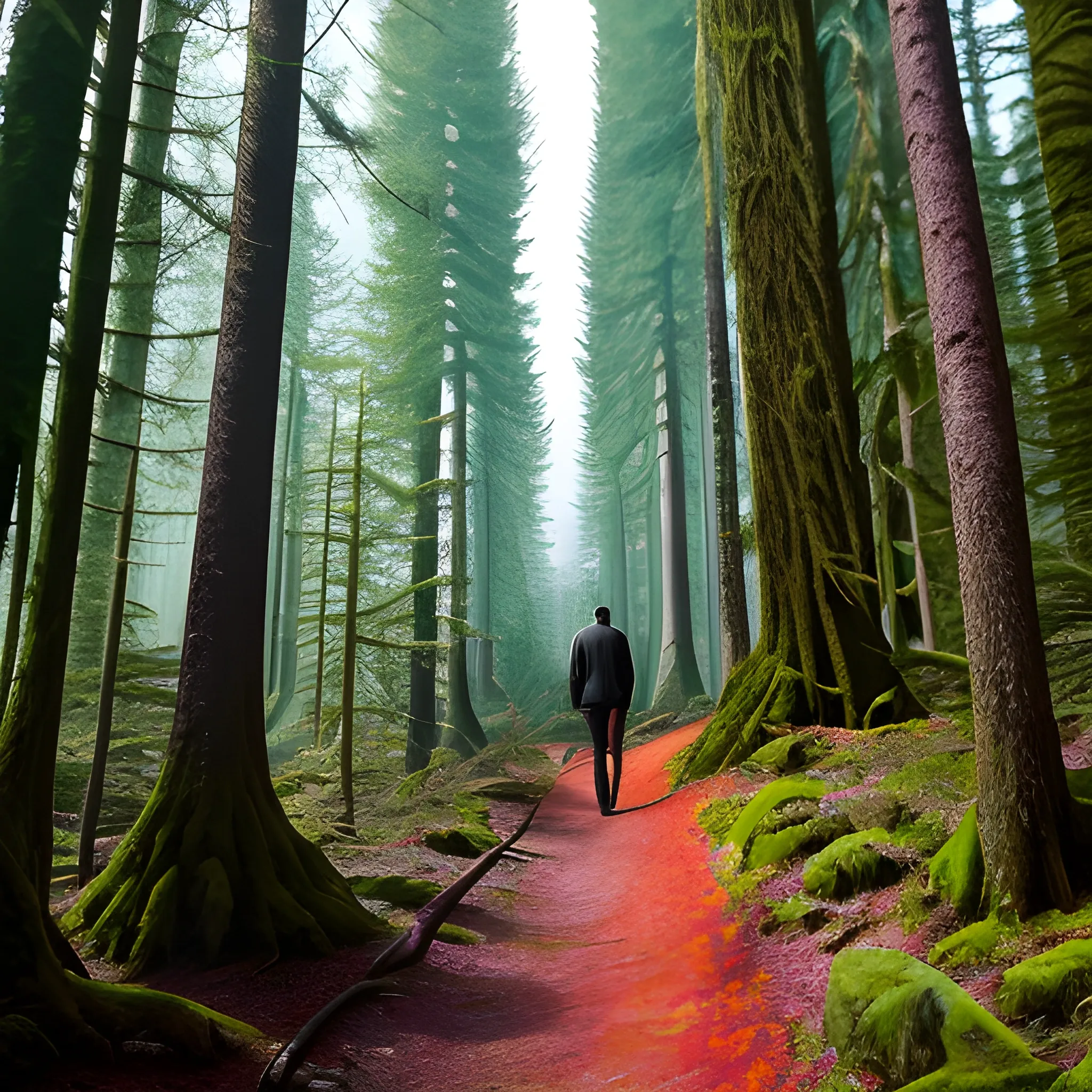 A handsome boy is walking in the forest, which is colorful and tall.