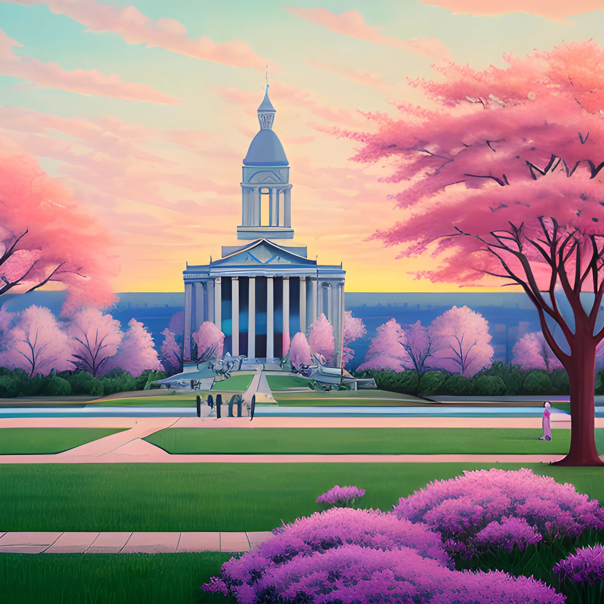 Original style, Mary Alligan and Loish at the dawn of spring, panoramic wide angle photo, Beaux Arts and Memphis style, best quality, high resolution, extremely detailed, 