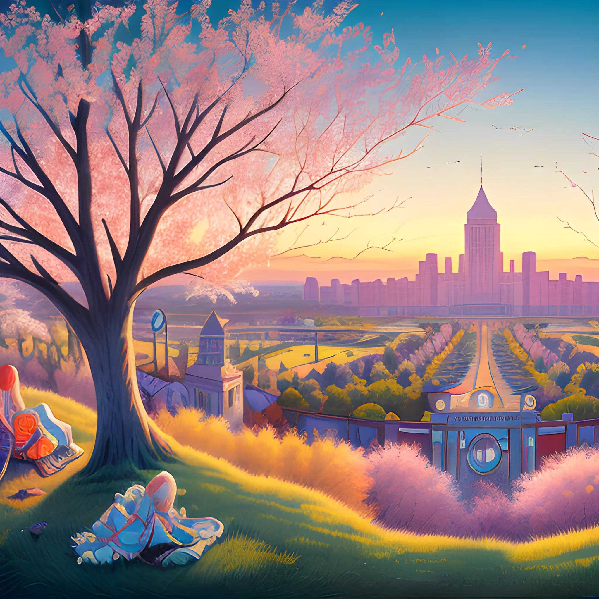 Original style, Mary Alligan and Loish at the dawn of spring, panoramic wide angle photo, Beaux Arts and Memphis style, best quality, high resolution, extremely detailed